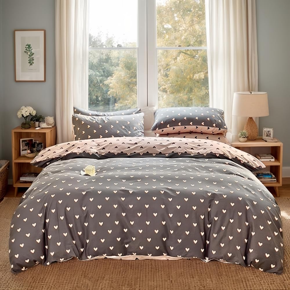 Michorinee Single Duvet Cover Set Pink and Black Heart Print Bedding Kawaii Style Reversible Girls Aesthetic Cute Renforce Microfibre Quilt Cover 135x200 cm with Zipper Closure Pillowcase 50x75 cm - Image 3