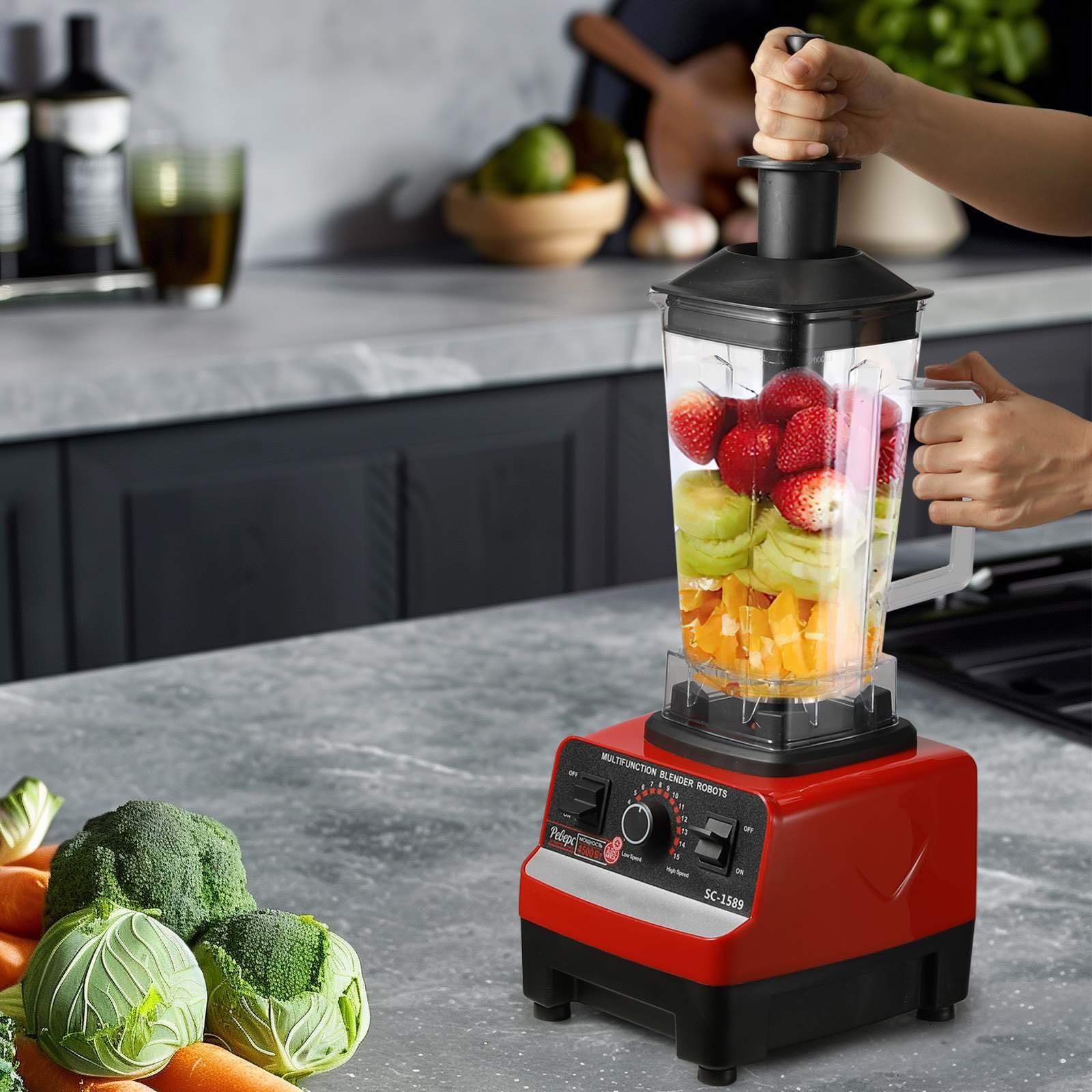 Batidora de Vaso de 2000W, 2 en 1Profesional Licuadora de 2L, Licuadoras Para Zumos y Batidos con 6 Velocidades, Cuchillas 4 Filos de acero inoxidable Blender,Función de Limpieza Automática