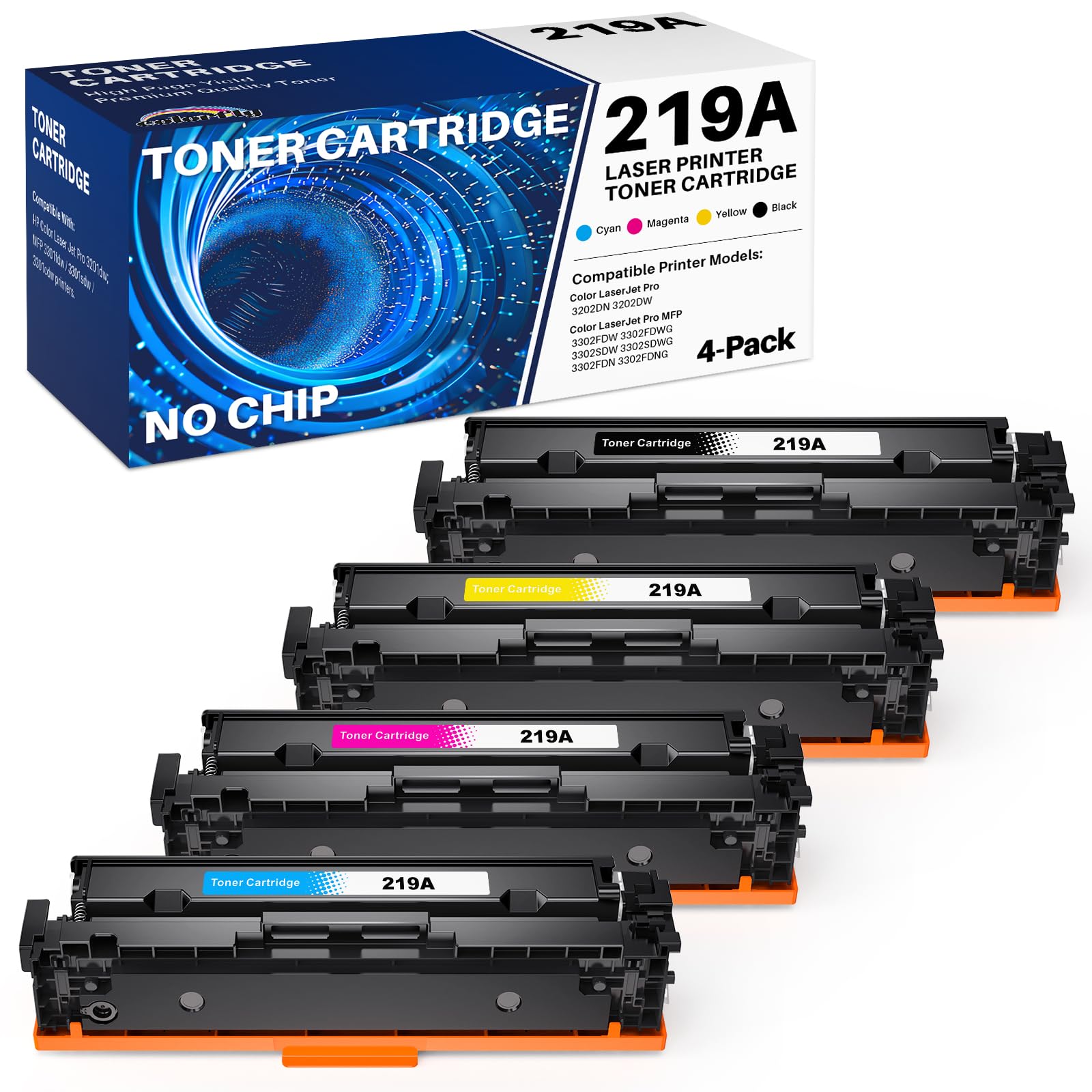 colorfly 219A 219X Toner 4-Pack Compatibile per HP 219A 219X per Color Laserjet Pro MFP 3302FDW 3302SDW 3302FDN 3302FDNG 3302FDWG 3302SDWG 3202DN 3202DW W2190A Nero Ciano Magenta Giallo