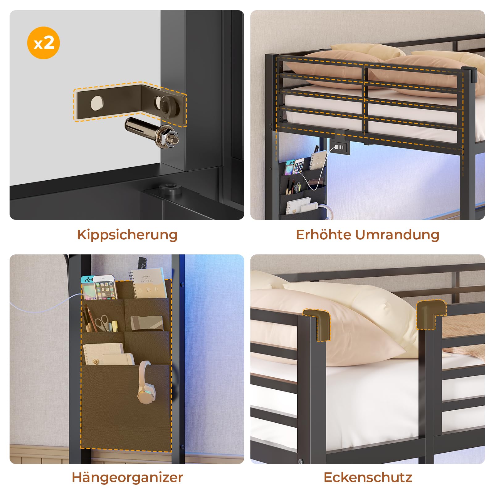 AOGLLATI Lit Superposé Enfant avec Éclairage LED et 4 Ports USB, Lit Mezzanine 2 Places avec 4 Étagères, Tringle, Sac, 3 Tiroirs et 2 Niche en Tissu, Lit Enfant 90x200 en Métal pour Familles Nombreux
