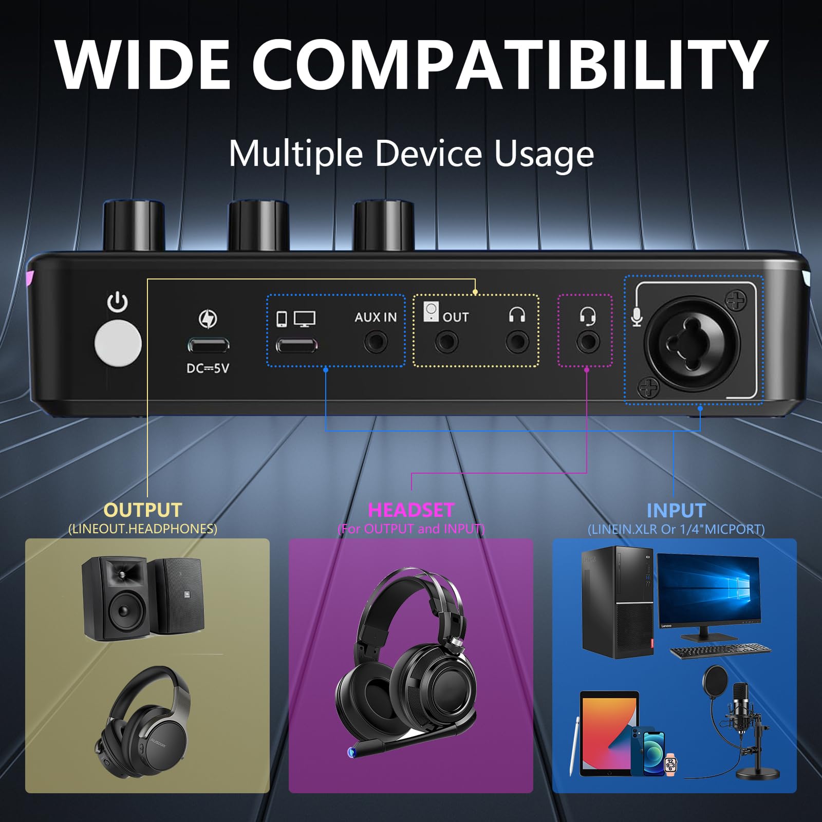 Mezclador de Audio, RGB Streaming Gaming Audio Mixer con Interfaz de XLR, Alimentación Phantom de 48V, Mezclador de Audio para Juegos para Transmisión en Vivo, Podcasting, Creación de Contenido
