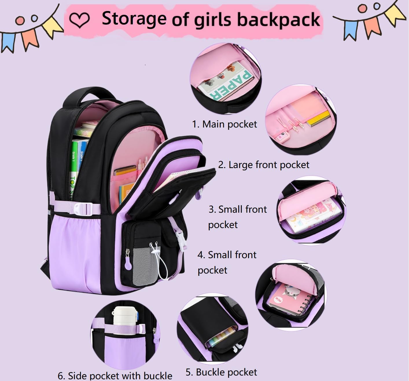 3Pcs Black Pink Backpack for Girls with Lunch Box Kids School Bag with Heart Coin Purse Bookbag for Elementary Middle School