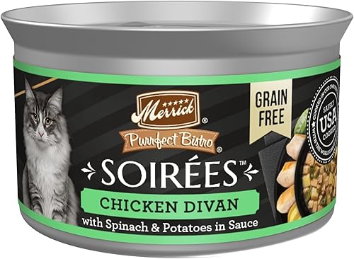 Merrick Purrfect Bistro Soirees - Alimento húmedo natural enlatado para gatos con salsa, receta de pollo Divan, paquete de 24 latas de 2.75 onzas