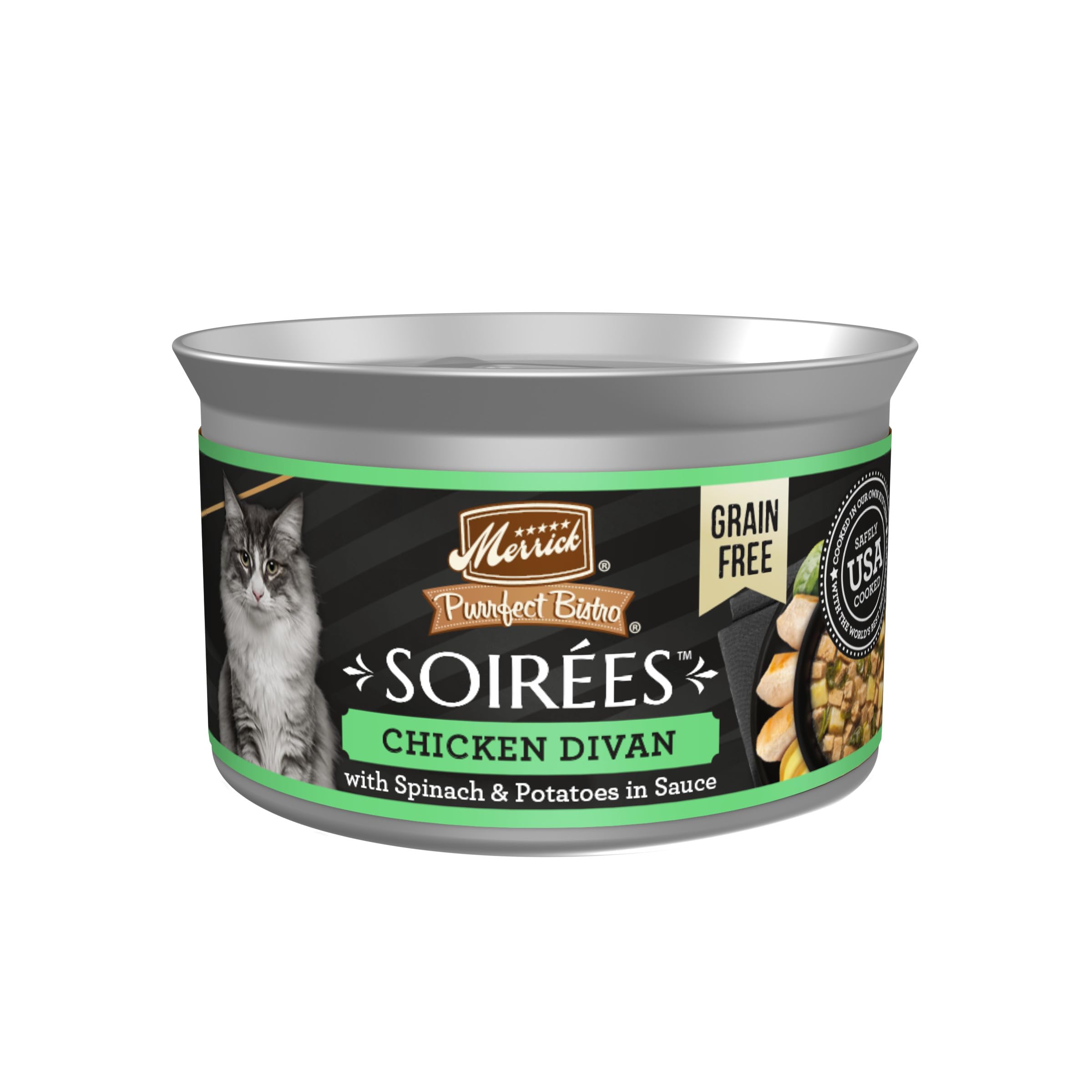 MerrickPurrfect Bistro Soirees Grain Free Natural Wet Canned Cat Food with Gravy, Chicken Divan Recipe - (Pack of 24) 2.75 oz. Cans