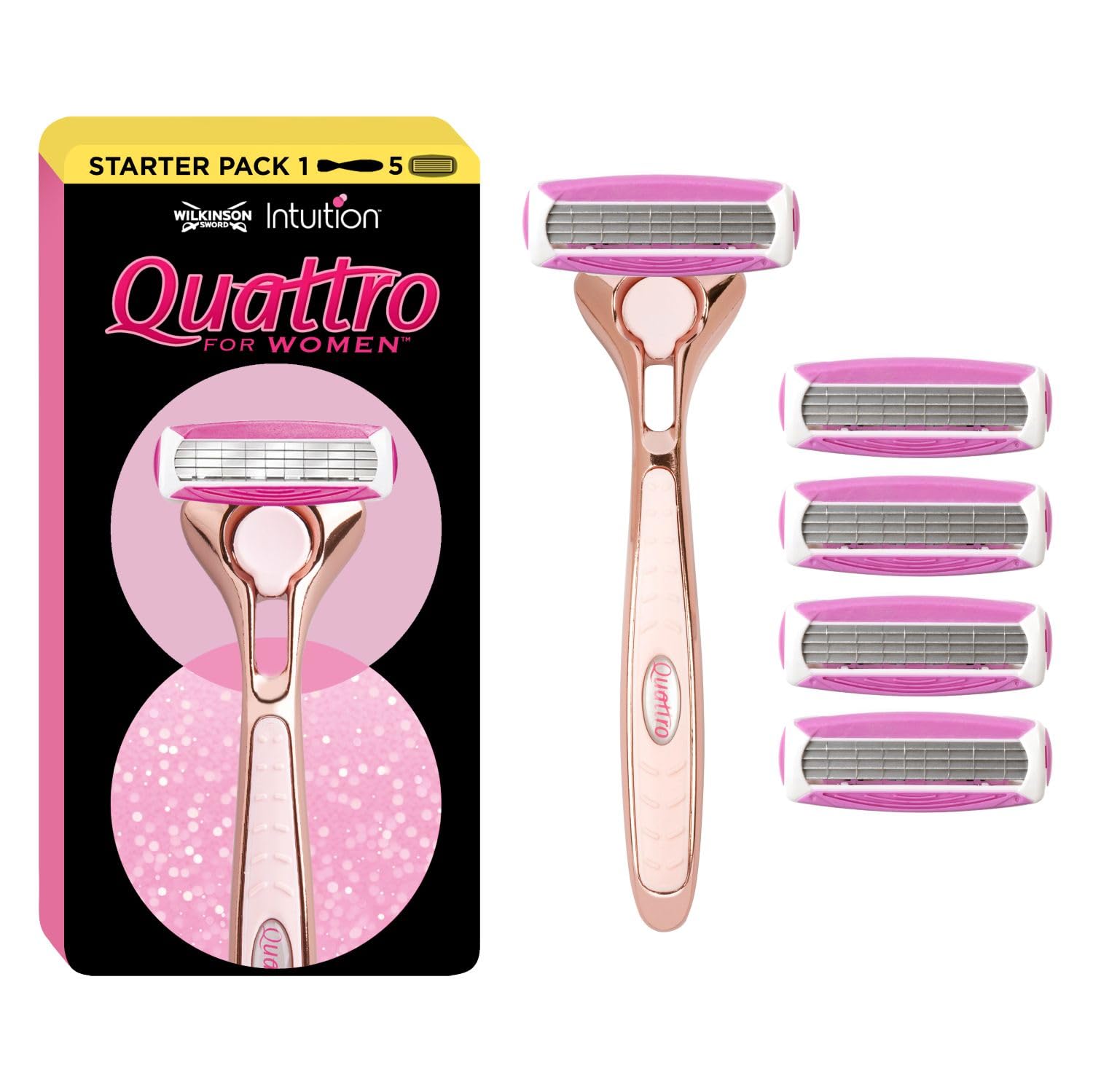 Quattro For Women | Premium Metal Rose Gold | Razor Handle + 4 Blade Refills
