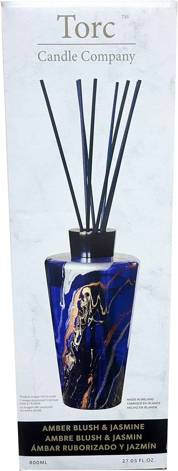 Luxury Decorative Reed Diffuser - Set Includes Scented Oil, Sticks, and Mercury Iridescent Glass Bottle - Home Decor Room Fresheners - Amber Blush & Jasmine (27.05 fl oz)