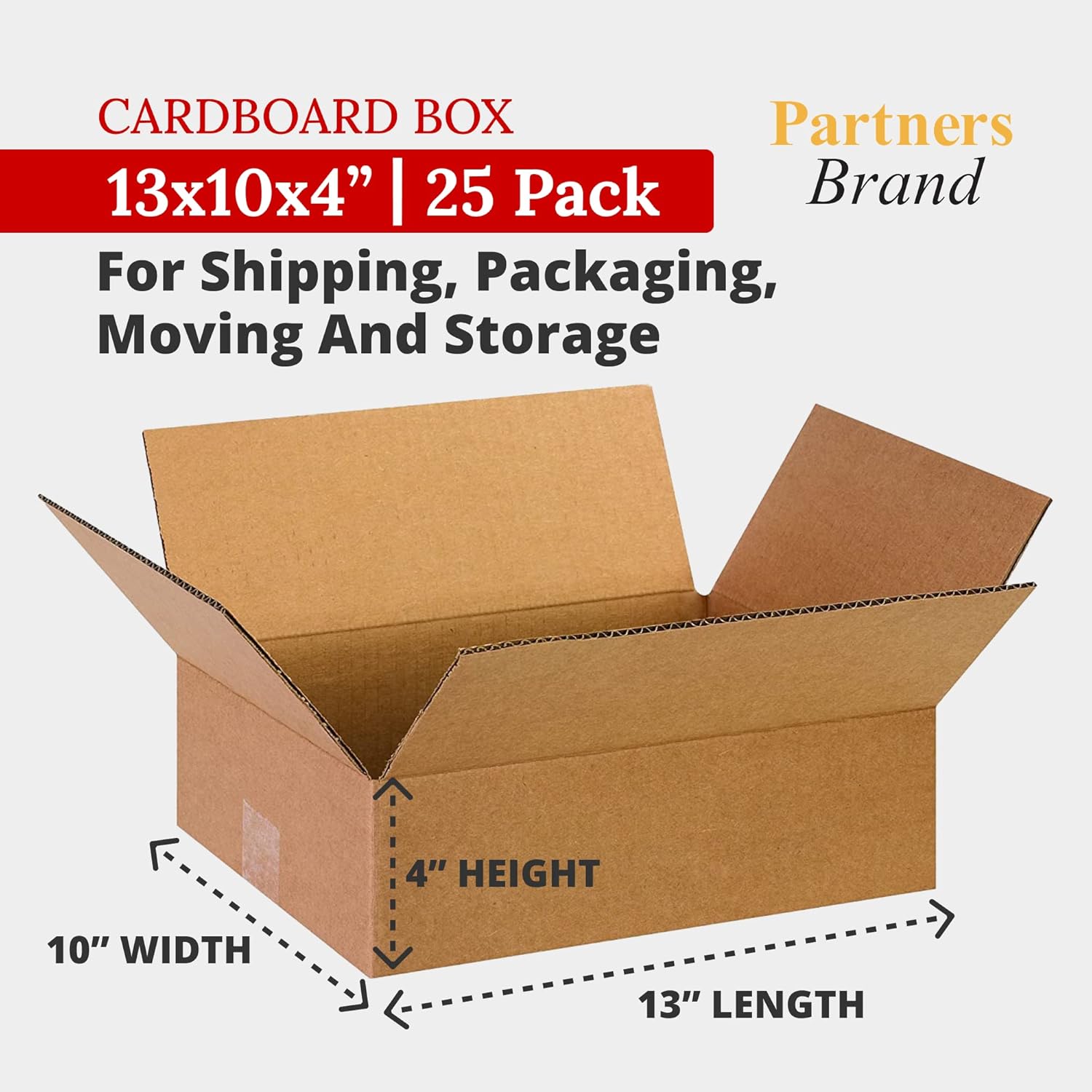 PARTNERS BRAND 13 x 10 x 4 Corrugated Cardboard Boxes, Flat 13"L x 10"W x 4"H, Pack of 25 | Shipping, Packaging, Moving, Storage Box for Home or Business, Strong Wholesale Bulk Boxes