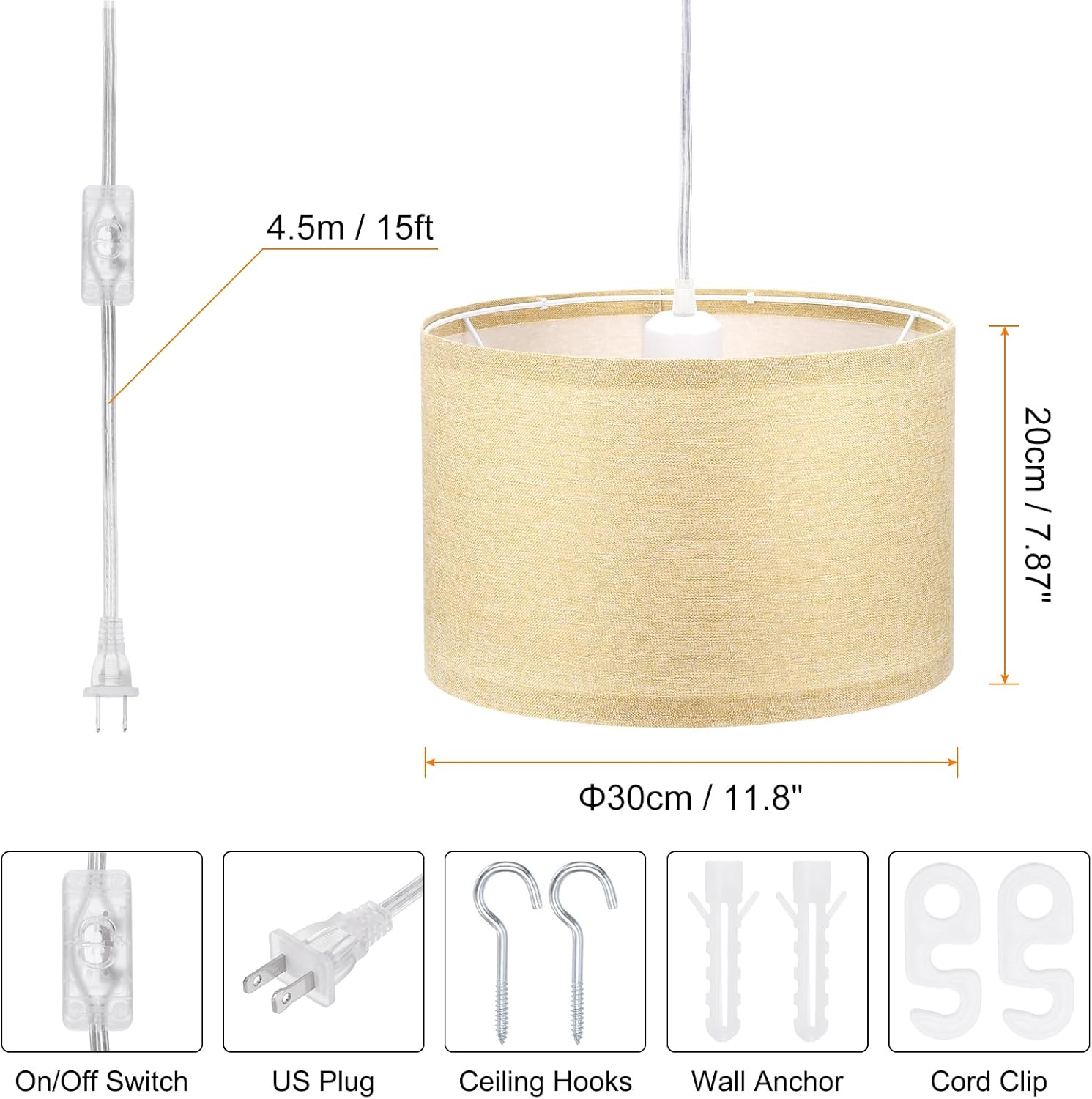 PATIKIL Plug in Pendant Light, 2 Pack 15Ft Rope Cord Hanging Lamp Fixture with ON/Off Switch, Linen Fabric Shade E26/E27 Bulb Socket for Bedroom Kitchen Living Room, Linen