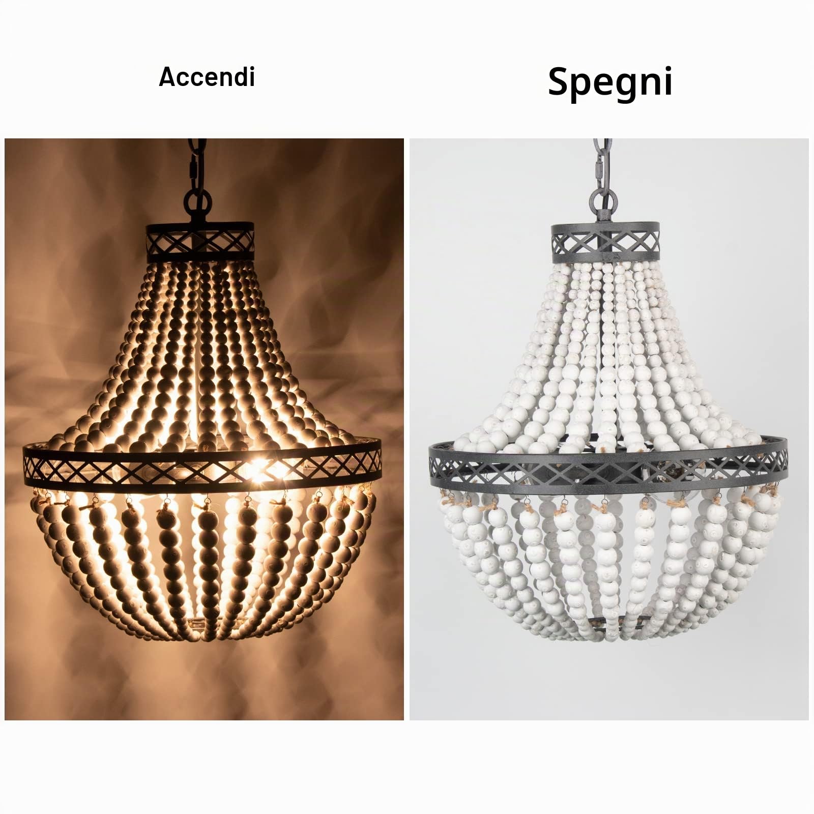 FIRVRE Lampadario a Sospensione Naturale in Legno Bohemien Con Perline, Vintage a Soffitto Antica per Camera da Letto, Giardino, Scala, Sala da Pranzo (Mini Bianco)