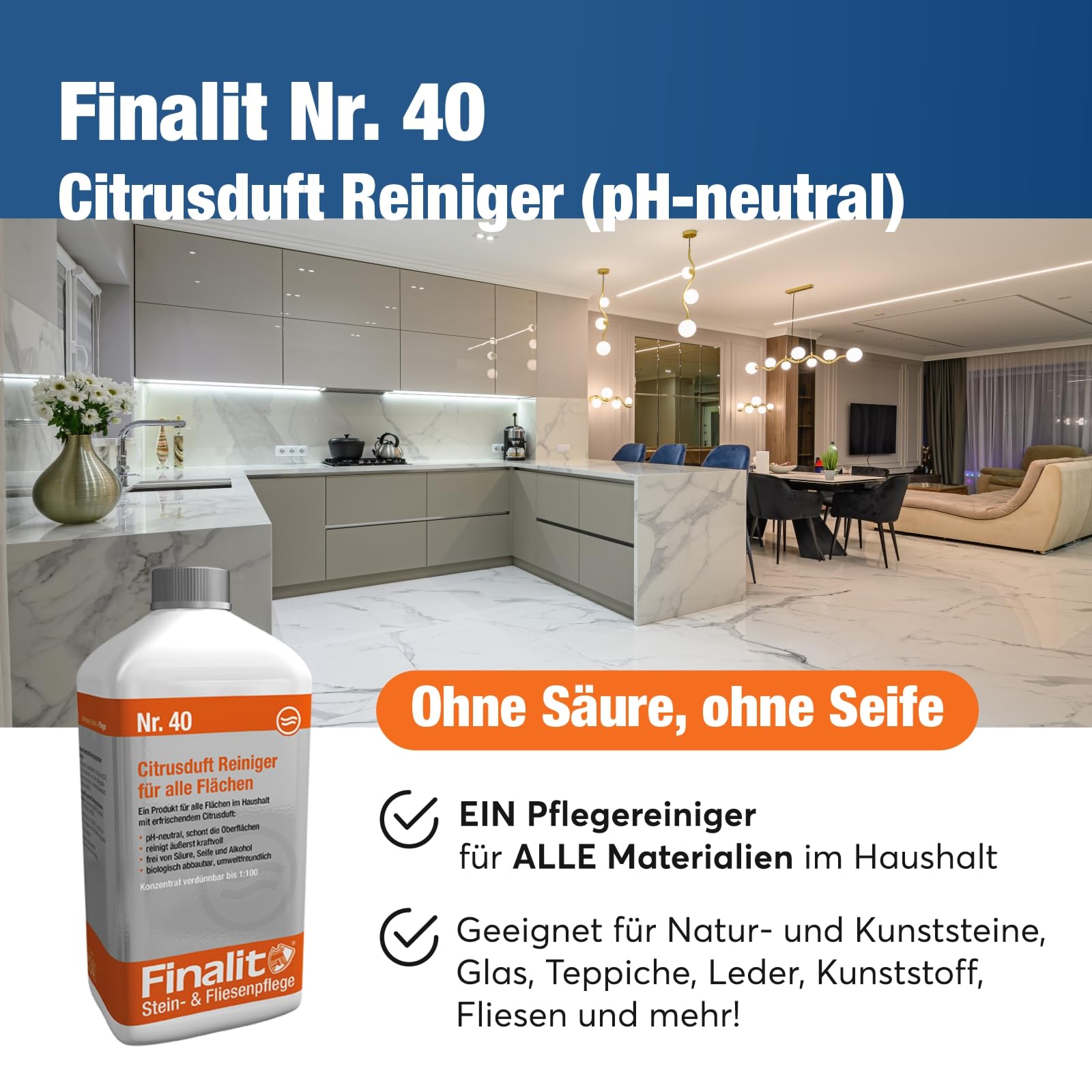Finalit Nr. 40 Citrusduft Reiniger (pH-neutral) | 1x 1L | Nachhaltiger Universalreiniger für Haushalt & Steinflächen | Geeignet für alle Materialien und Oberflächen im Haushalt