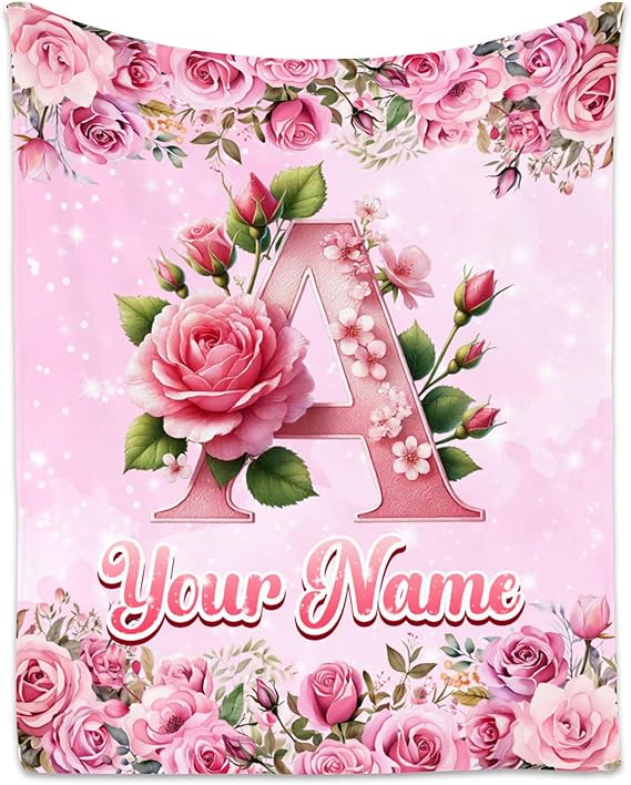 Personalized Flower Blanket - Custom Initial Blanket Gift for Kids - Customized Girls Gifts - Soft Cozy Throw Blankets for Living Room Sofa