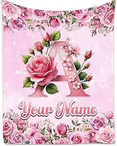 Personalized Flower Blanket - Custom Initial Blanket Gift for Kids - Customized Girls Gifts - Soft Cozy Throw Blankets for Living Room Sofa