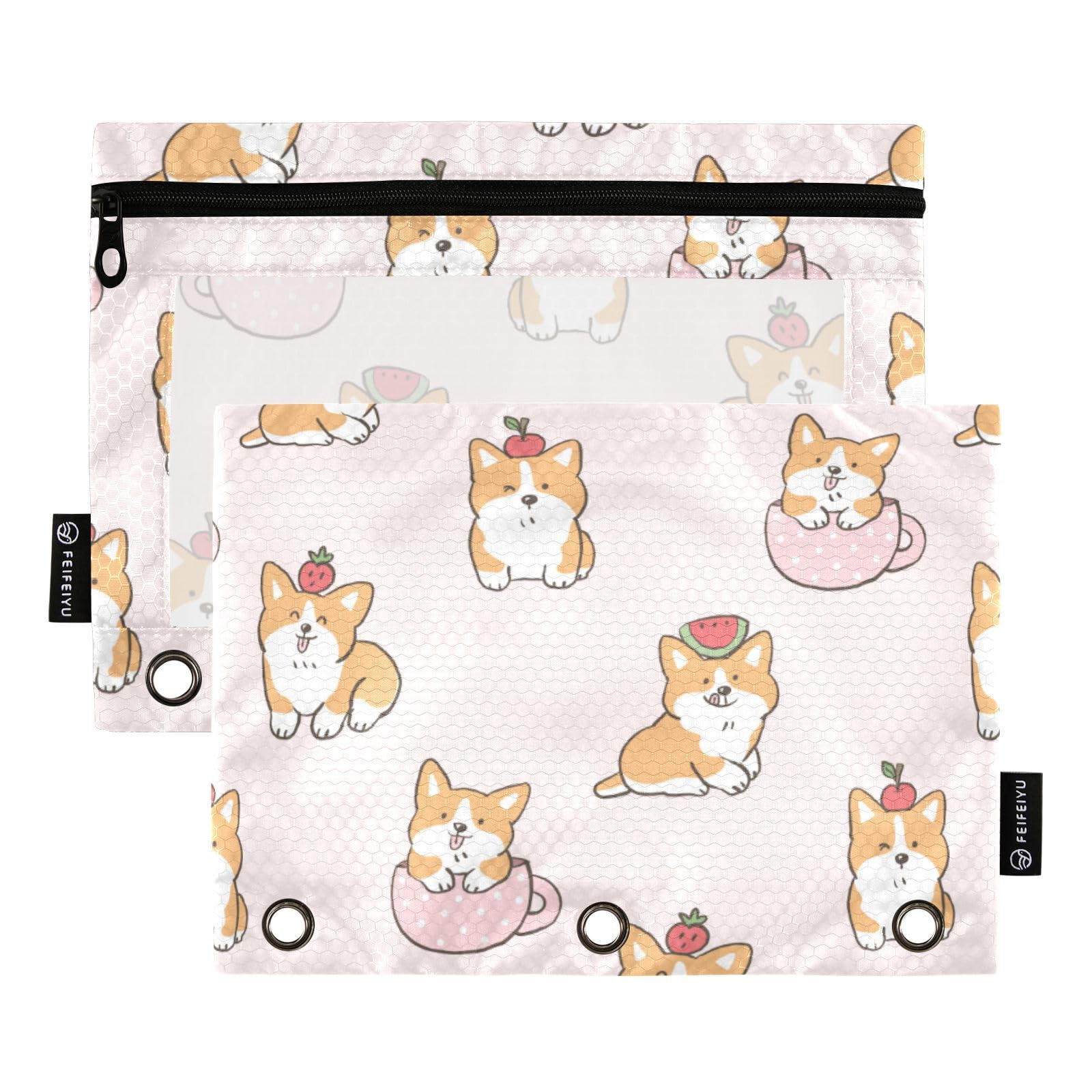 Gredecor 2-Pack Binder Pencil Pouches - Watercolor Dog Design, Clear 3-Ring Zipper Case For School & Office