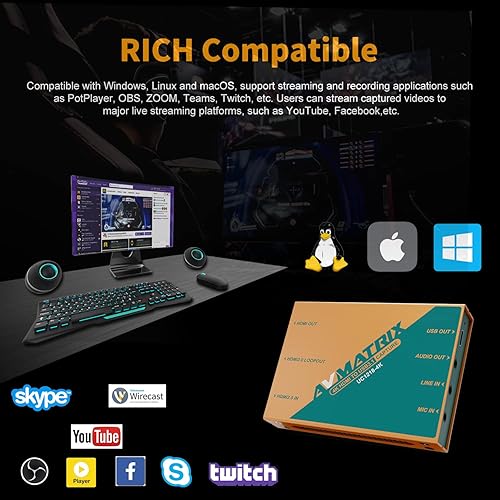 Miniatura 4 de AVMATRIX Tarjeta de captura de video UC1218-4K con HDMI 2.0 a USB 3.0-C para transmisión en vivo en 1080P60 para conferencia en línea Iglesia