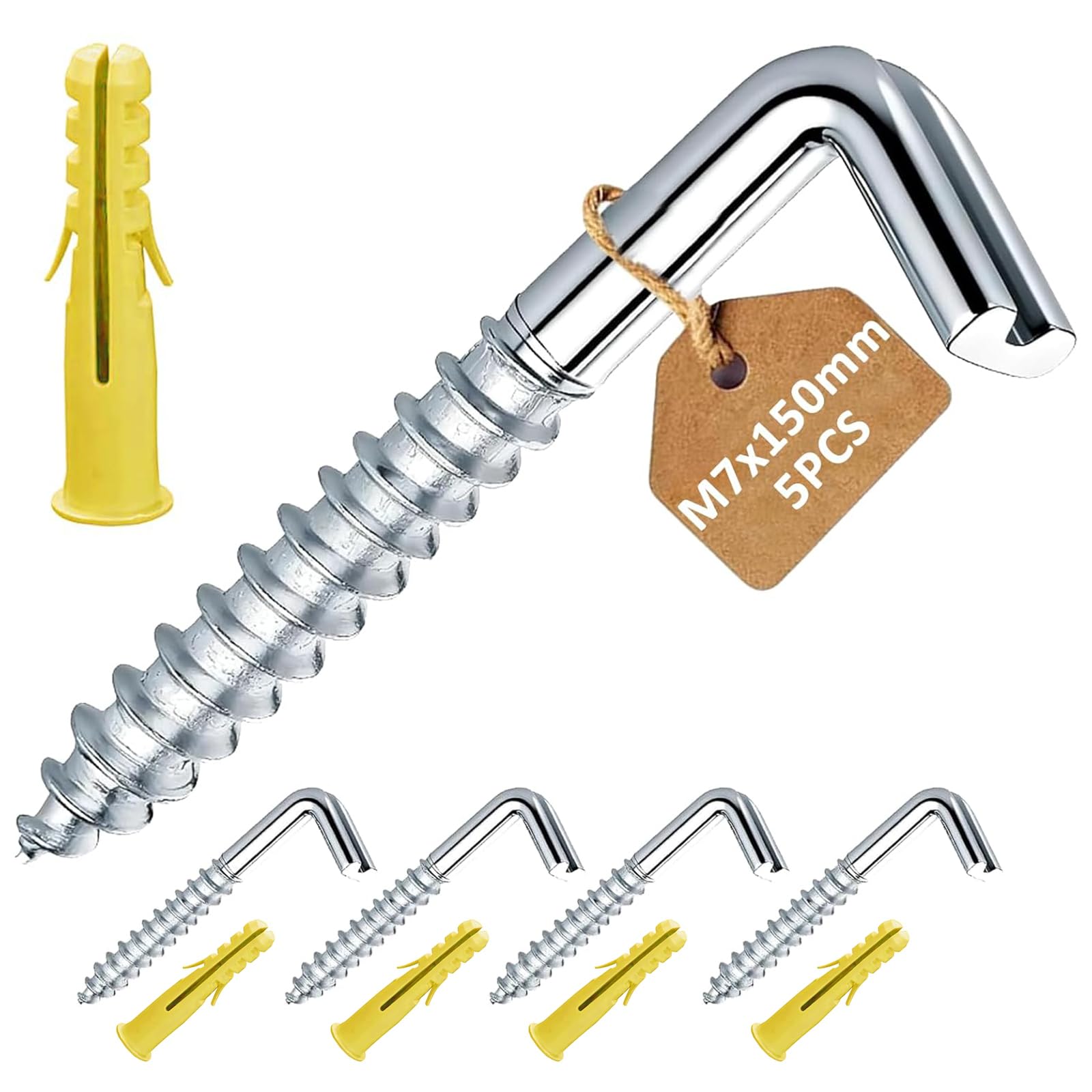 Screw Hooks with Wall Plugs, Large L Hook Screws, Heavy Duty Galvanised Steel Right Angle Hanging Hooks for Timber, Masonry & Brick Walls, Square Bend Screw Hooks, 7x150mm, Max Load 50kg, 5PCS