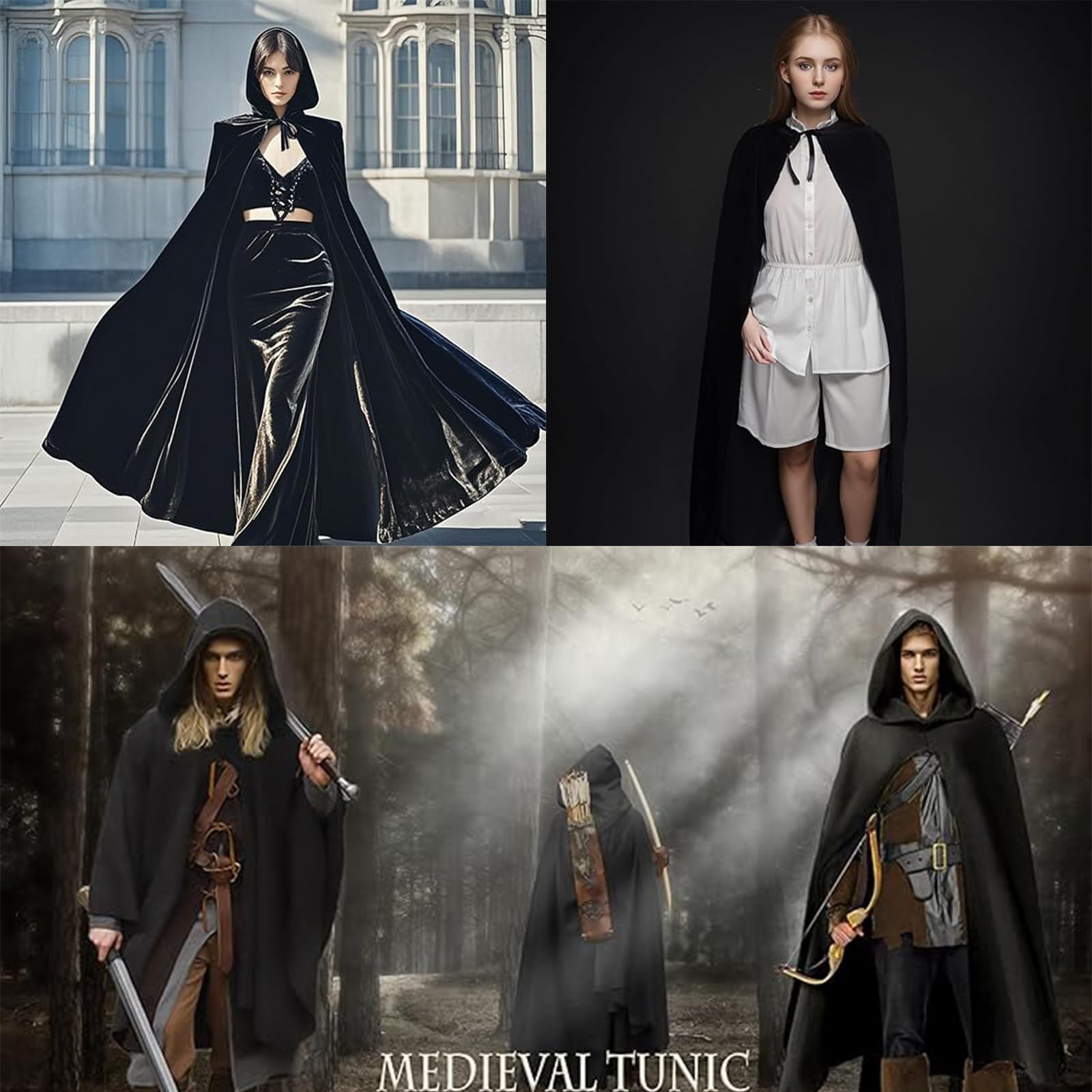 TZMFHD Black Cape, Unisex Hooded Cloak for Halloween Costumes 160cm Long Black Cloak, Handsome and Fashion Black Hooded Cloak - Image 4