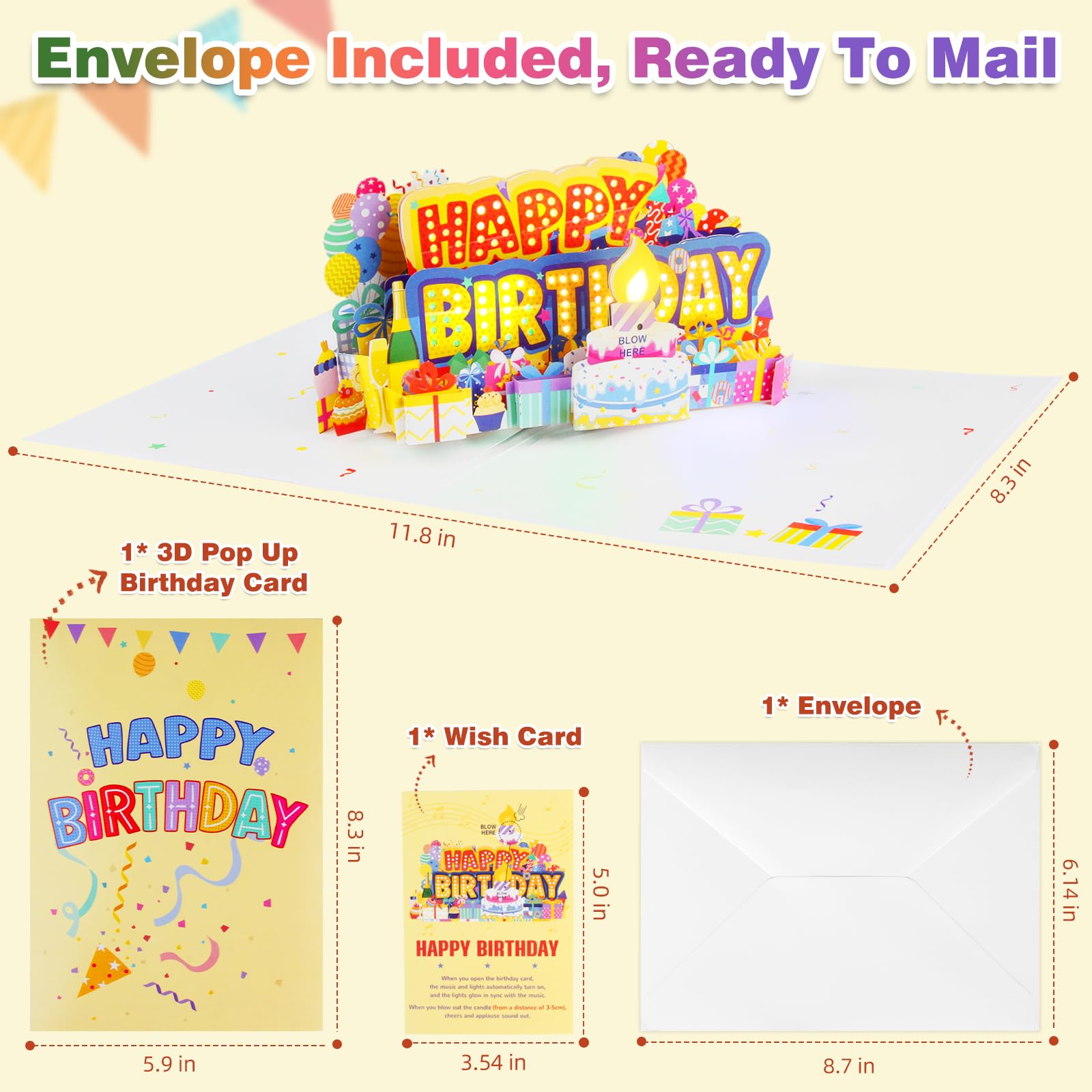Amazon.com: MZD8391 Birthday Cards Light 3D Pop Up Music, Blowable