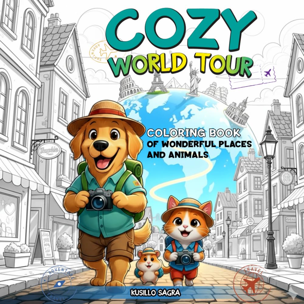 COZY WORLD TOUR: Coloring Book for Adults and Teens A Relaxing Coloring Journey Featuring Cute Regional Animals Exploring Famous Landmarks Around the World