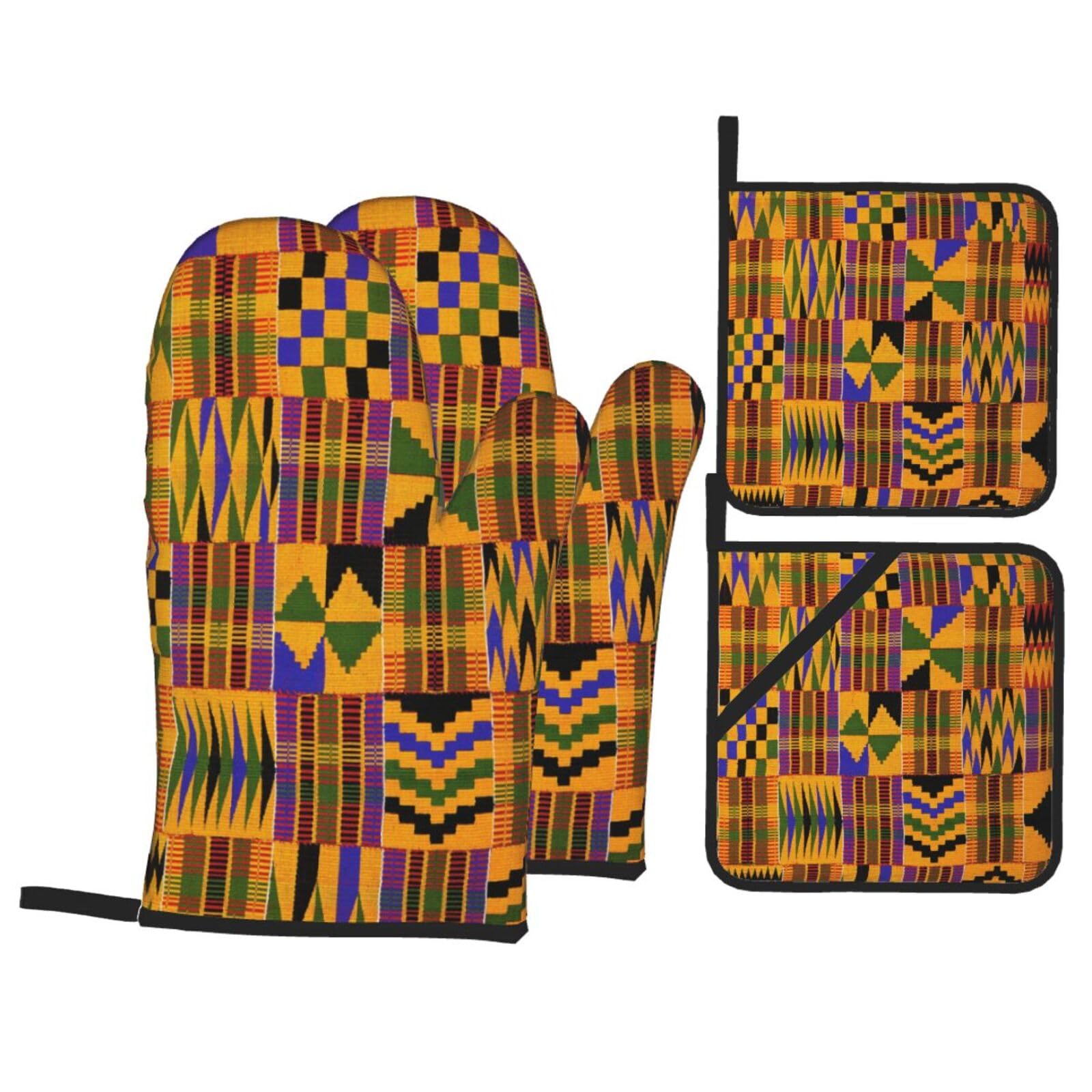 African Weaving Print Stylish Heat-Resistant Oven 4-Piece Set Kitchen Gloves Roasting Daily Cooking