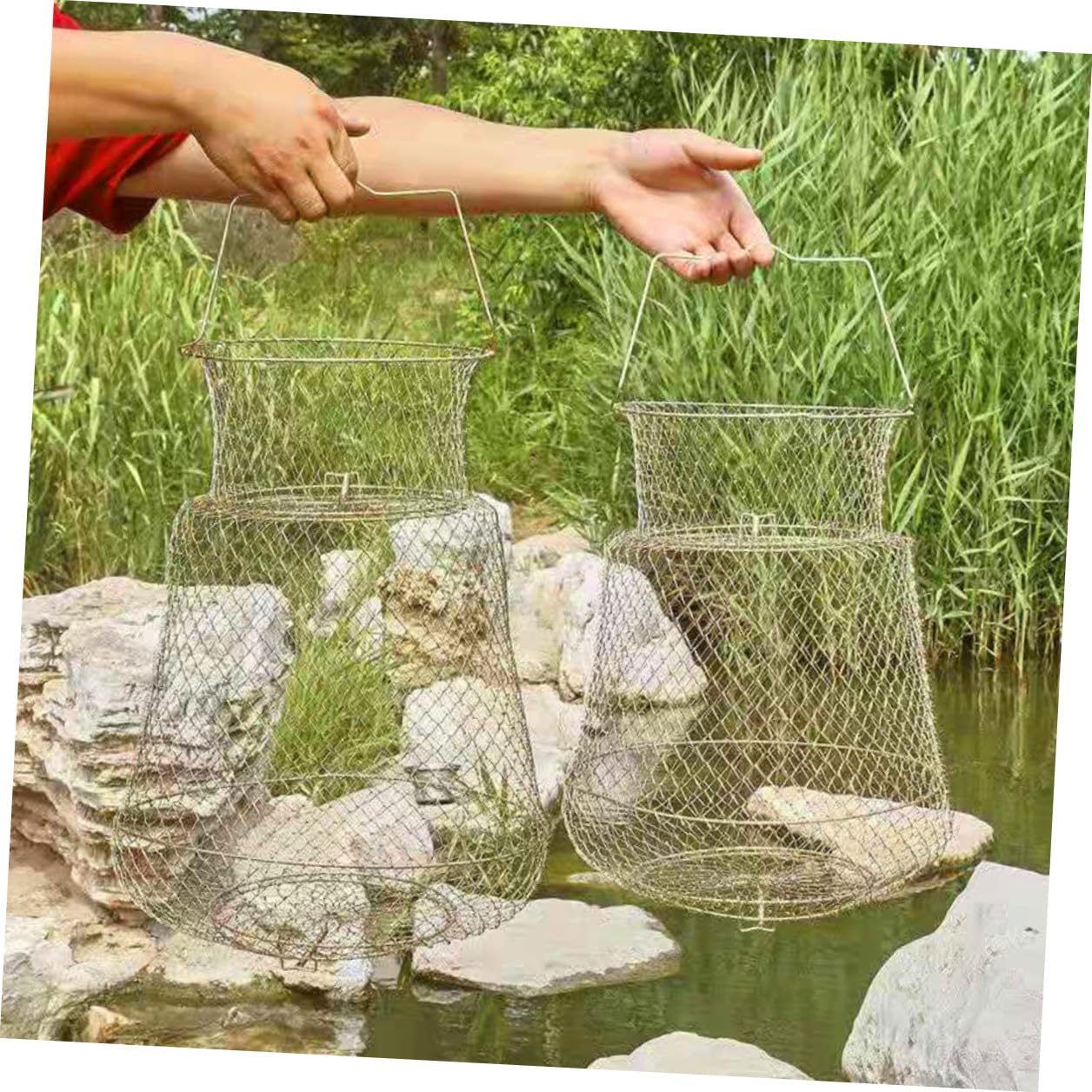 Hohopeti Gabbia Protettiva per Pesci in Ferro Resistente Cesto per Pesca Portatile Rete Robusta per Mantenere i Pesci Vivi Accessorio Pesca Facile da Usare