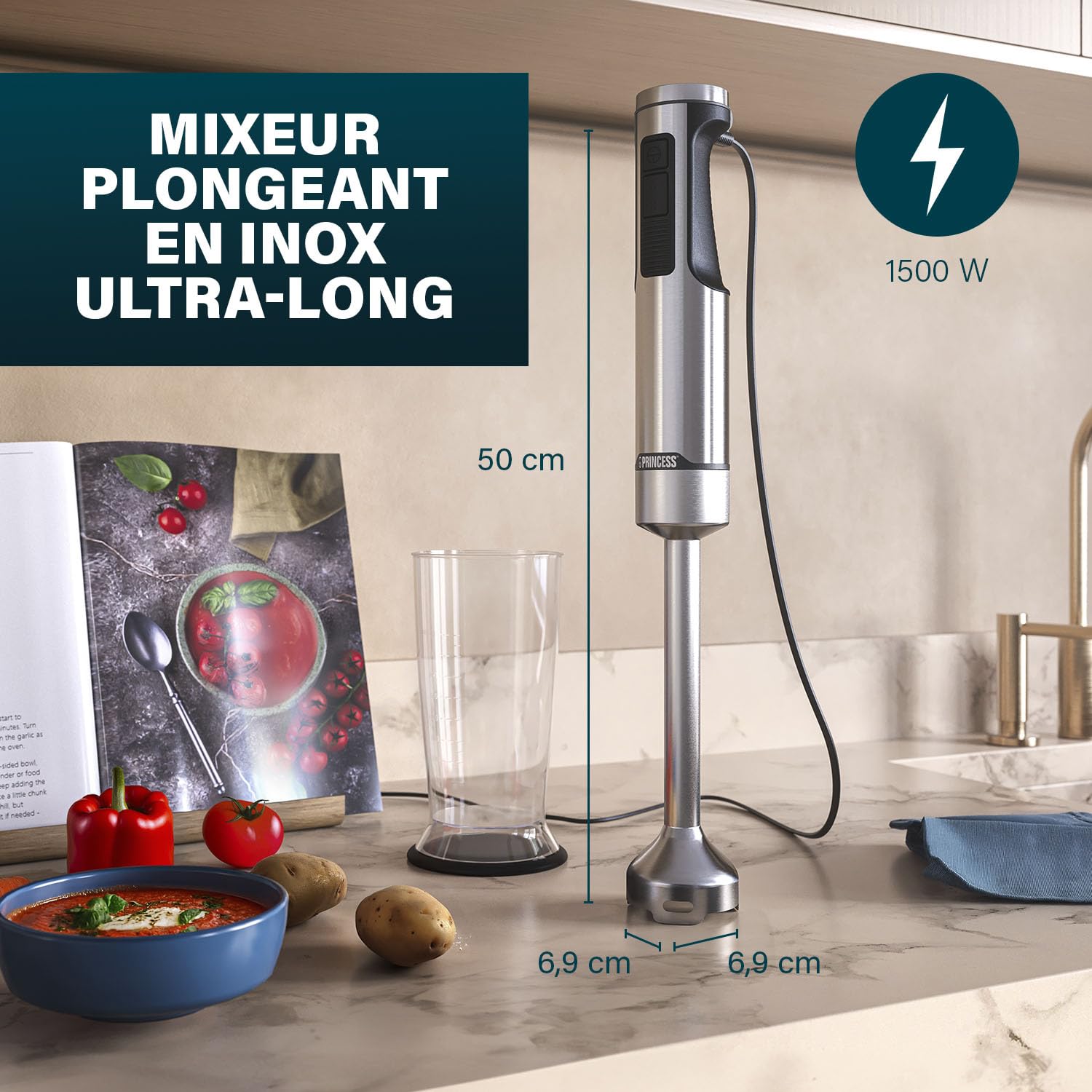 Princess Mixeur Plongeant Prof XXL, Inox, 1500W, Pied Extra-Long 50 cm, 5 Vitesses + Turbo, 4 Lames, Gobelet avec Couvercle Antidérapant, Pièces Lavables Lave-Vaisselle, 221233