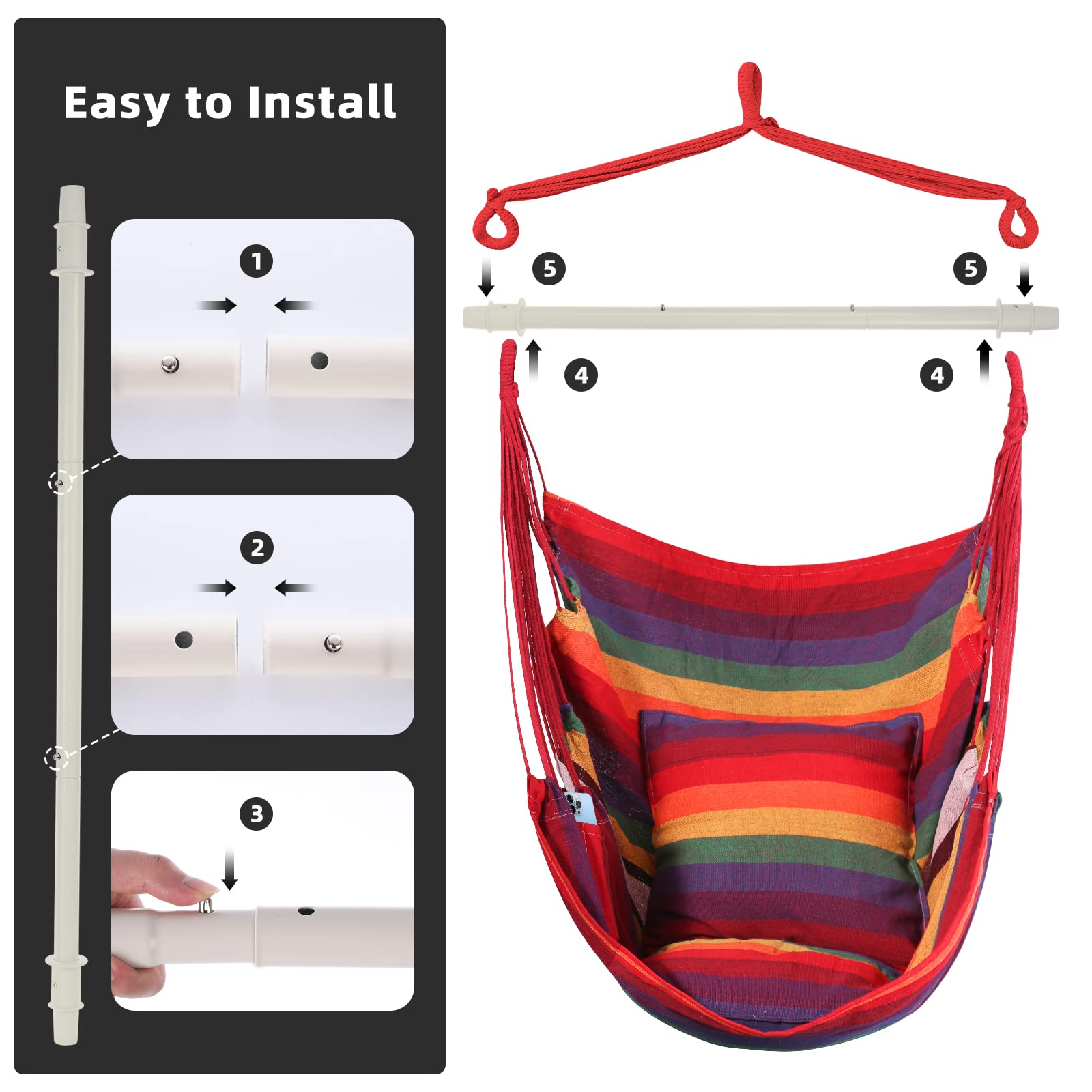 Goutime Poltrona Altalena Sospesa, Sedia a Dondolo in Cotone Morbido con 2 Cuscini e Borsa di Conservazione, Max Portata 150kg, Ideale per Camera da Letto, Patio, Giardino e Balcone (Arcobaleno)