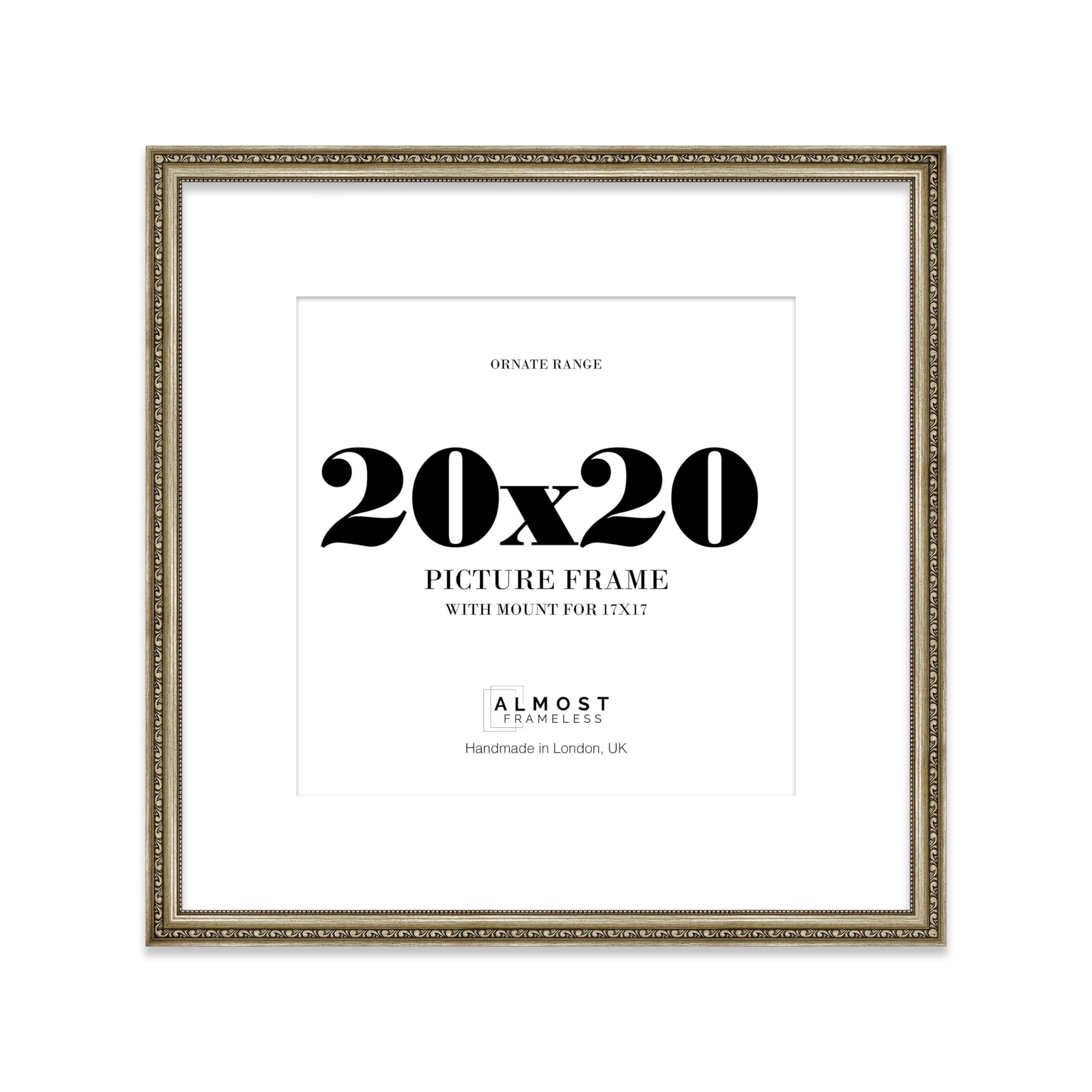 20x20 Champagne Silver Ornate Photo Frame With White Mat For 17x17 Picture, Ready to Hang, 1 Pack