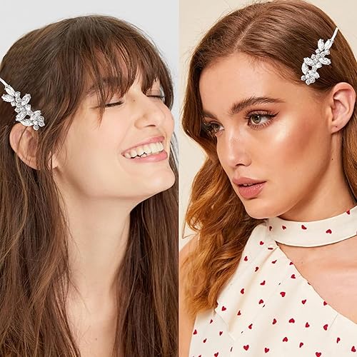 Miniatura 2 de 10 horquillas para el cabello con diamantes de imitación, pinzas de pelo de hoja plateada, pinzas de cristal para novias, elegantes accesorios para