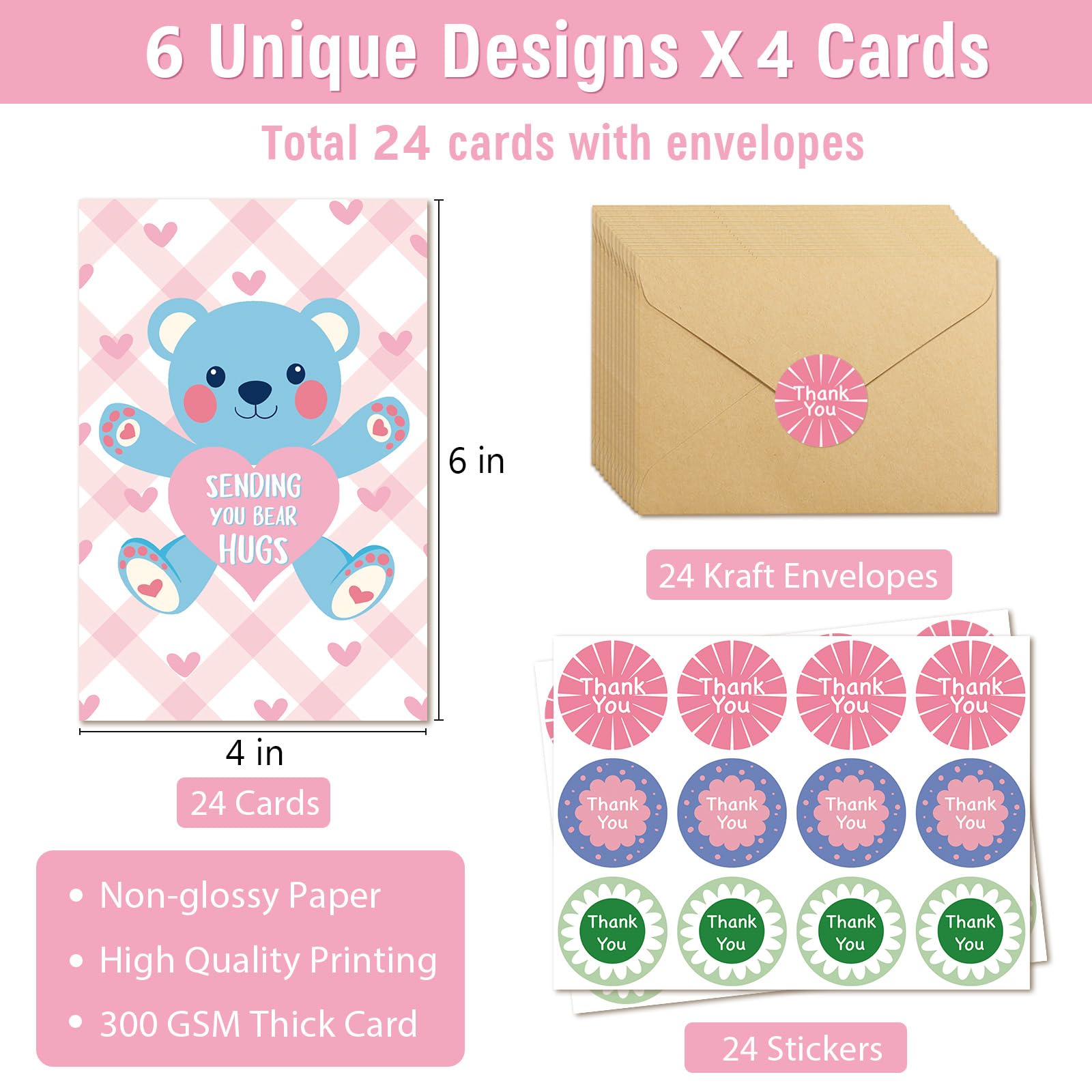 Juego de 24 bonitas tarjetas de aliento, paquete de tarjetas Sweet Thinking of You con sobres, tarjeta de apoyo colorida a granel para amigos y familiares, 4 x 6 pulgadas (6 diseños, 4 cada uno)