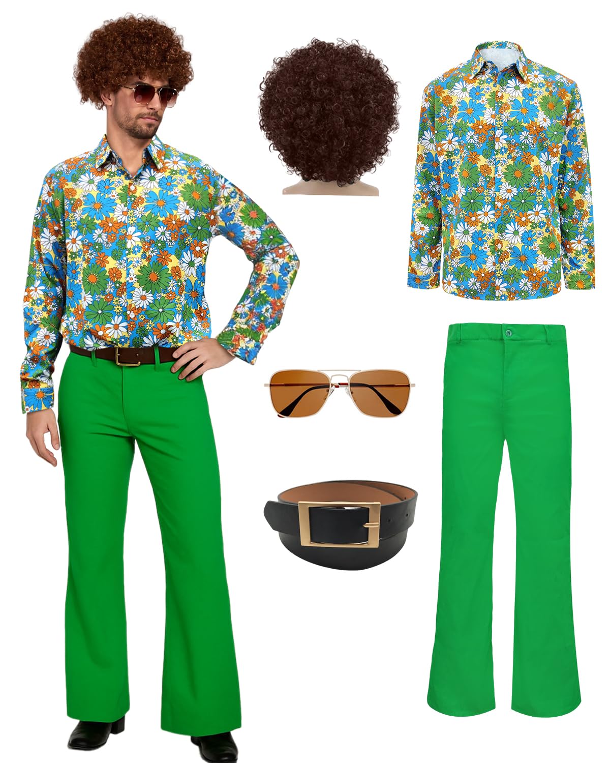 70s Disco Costume Set Hippie Men Outfit with Flared Pants Shirt for 50s 60s 70s Cosplay Halloween Party (Green, L)