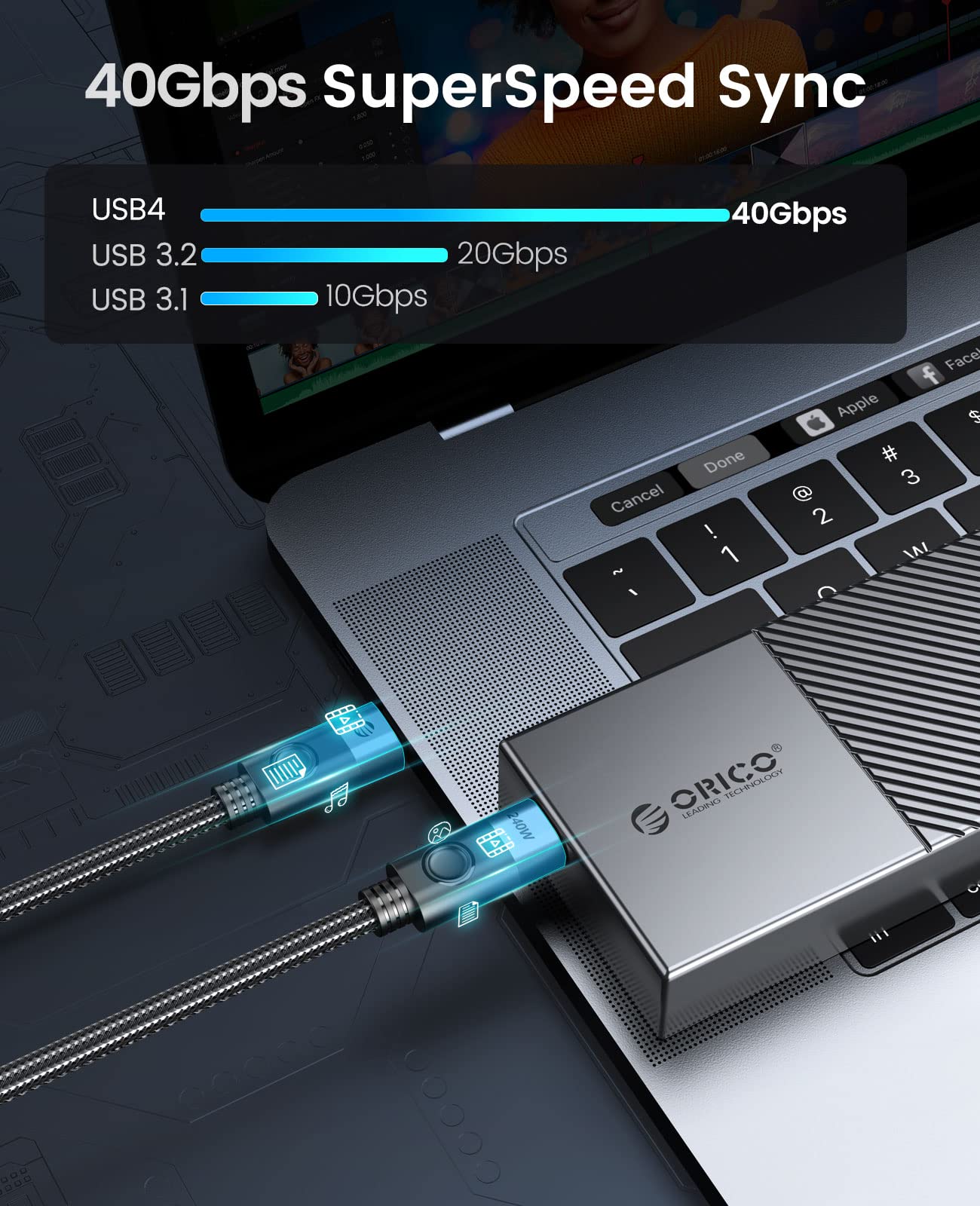 ORICO Cavo da USB C a USB C 240W di ricarica con trasferimento dati 40Gbps, 8K@60HZ, cavo USB 4 compatibile con il cavo Thunderbolt 4, per Macbook di tipo C, iPad Pro, Laptop, Hub, Docking