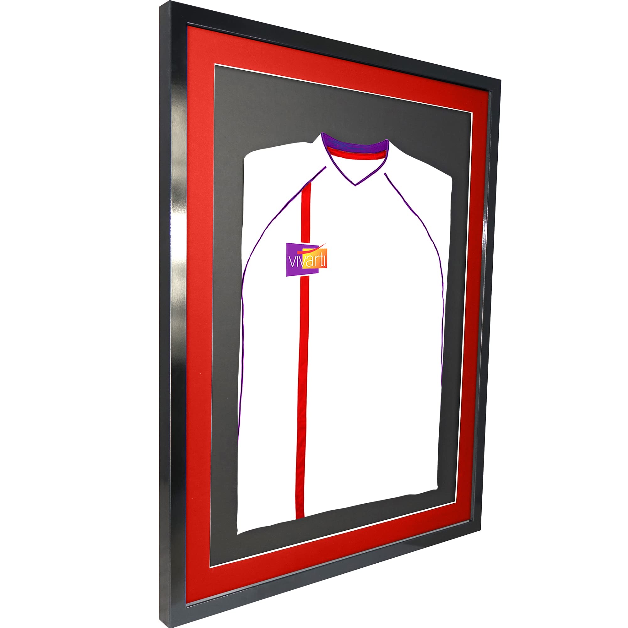 Vivarti DIY 3D-Rahmen für Sport-Shirts, für Fußballtrikot, Rugby-Shirt, Band, T-Shirt, Schattenbox, 60 x 80 cm, glänzender schwarzer Rahmen, rotes Passepartout, schwarze Rückwand