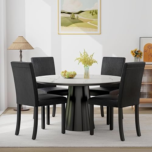 Miniatura 6 de Giantex Juego de 4 sillas de comedor tapizadas de piel sintética con marco de madera maciza, asiento y respaldo acolchados, sillas laterales de