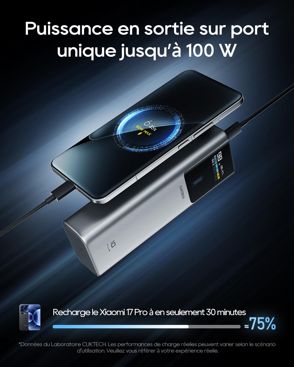 CUKTECH 10 Plus 100W 15000mAh Batterie Externe avec ÉcranTFT, Certifiée CCC