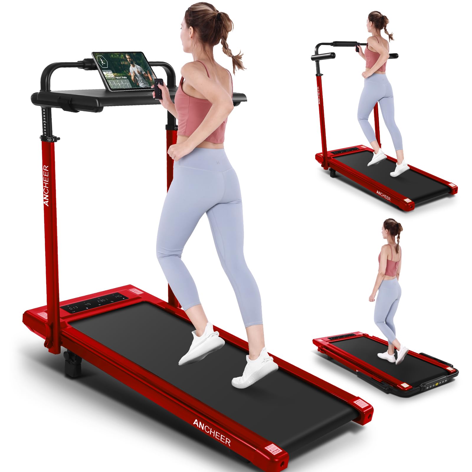 ANCHEER Walking Pad Treadmill with 12% Incline&amp;Adjustable Height, 4 in 1 Under Desk Treadmills with Desk Workstation, Foldable Treadmill for Home 300lb,3 Type Control (Henna)