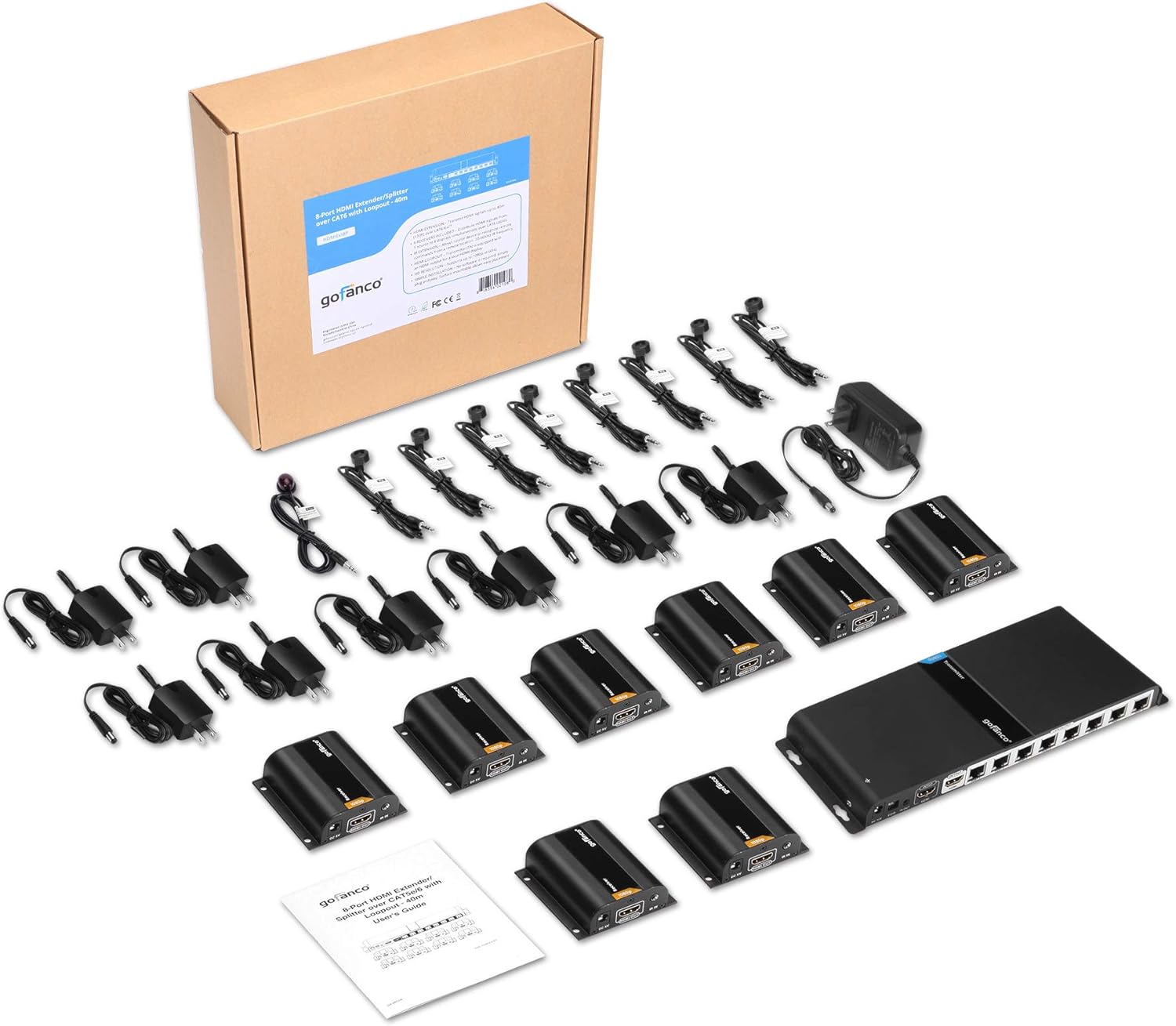 gofanco 1080p 1x8 8 Port HDMI Extender Splitter Over CAT5e/CAT6/CAT7 Ethernet Cable – IR Extension, Up to 40m (130ft) at 1080p 60Hz, 1 in 8 Out, HDMI Loopout (HDMIExt8P)