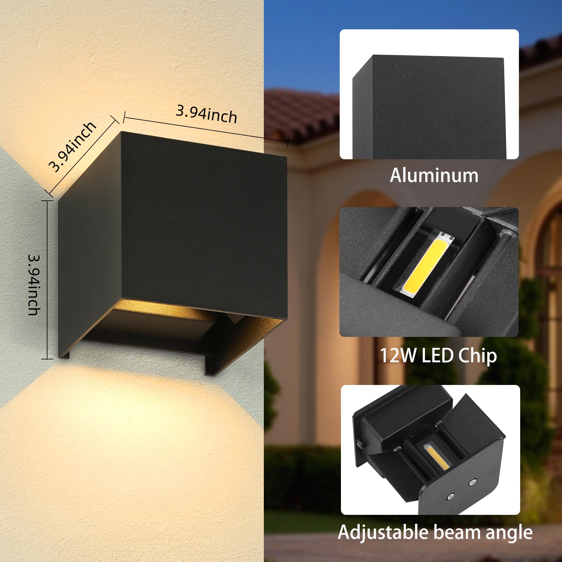 SILAMPDI Applique Murale Exterieur 12W Luminaire Exterieur 3000K Eclairage Exterieur IP65 Lampe Exterieur LED Pour Patio, Terrasse, Jardin, 4 Pièces
