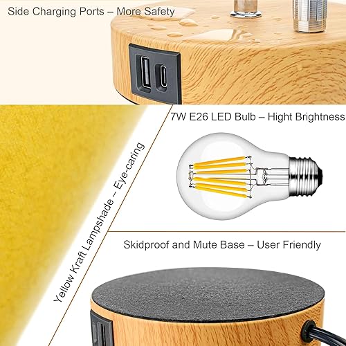 Miniatura 4 de Juego de 2 lámparas de mesita de noche regulables sin escalones, luces de mesita de noche para dormitorio con puertos de carga USB A+C y salida de