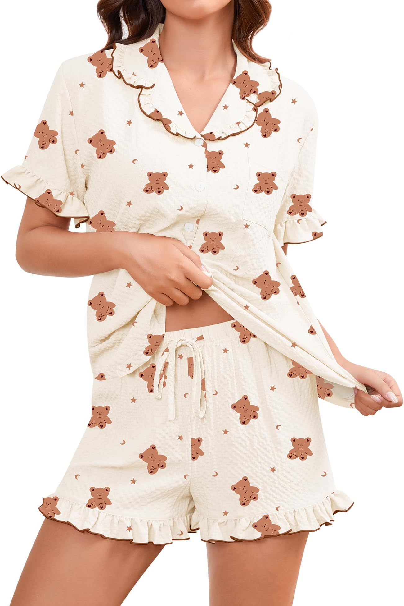 Women's Pajama Sets Cute Ruffle Matching PJs Sleepwear Button Down Short Sleeve Loungewear 2 Piece PJ Set