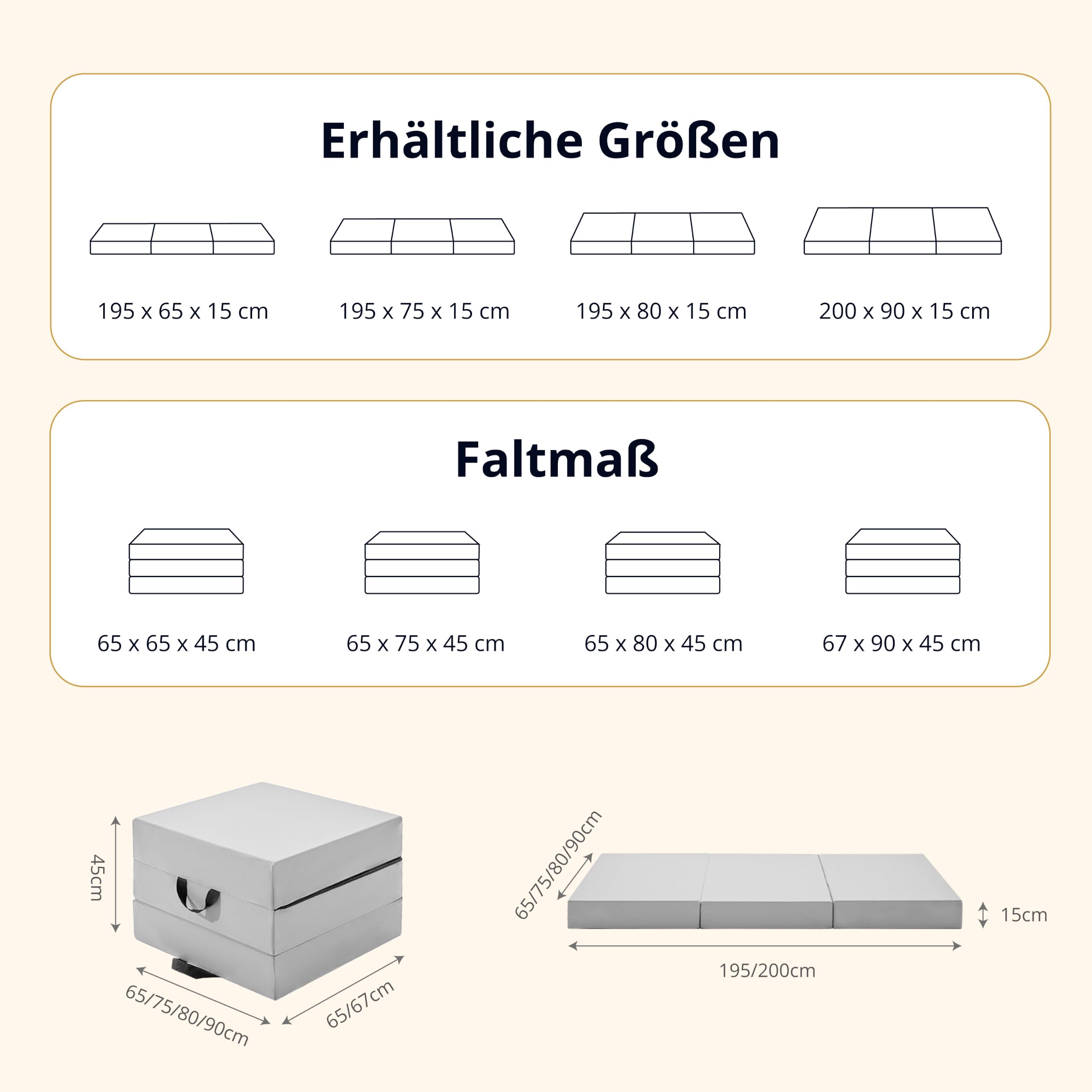 EGOHOME Klappmatratze 195x75x15 cm, 3-teilige Gästematratze mit Bambus-Memory-Schaum & Härtegrad H3, vielseitige Campingmatratze & Bodenmatte mit Aufbewahrungstasche, Grauer Bezug
