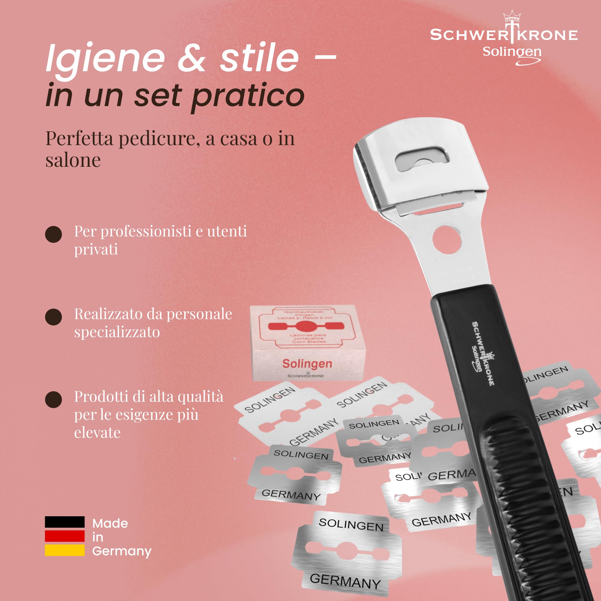 Schwertkrone Set per calli con 10 lame [Made in Solingen – Germania] – Pialla per calli – Rimozione calli con lame di ricambio – Strumento per la cura dei piedi per uomini e donne – Pedicure