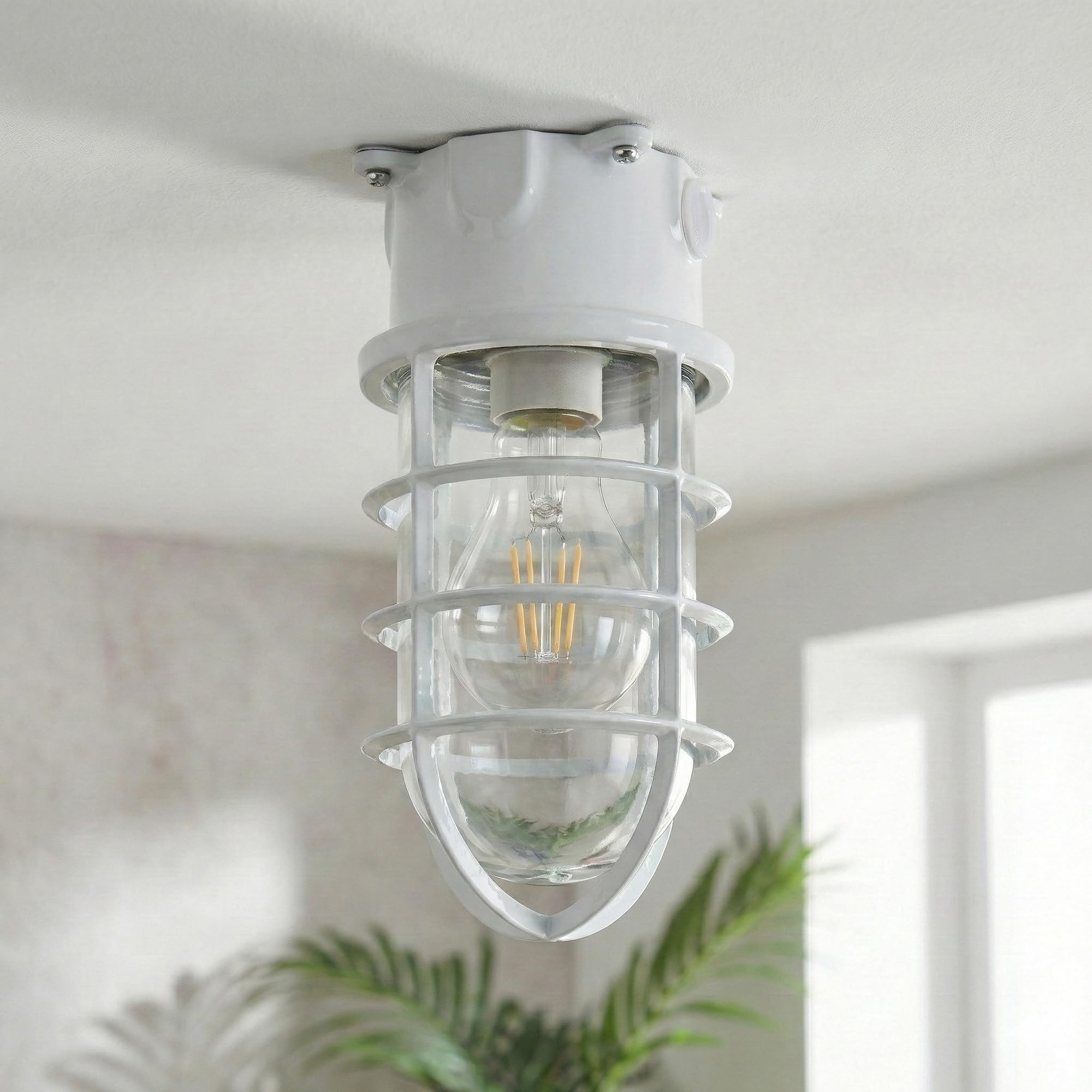 DC VOLTAGE Nautical Bulkhead Ceiling Light with Clear Glass & Cage — image 1