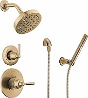 Vista 1 de Delta Saylor Sistema de ducha dorado cepillado de 3 ajustes, incluye cabezal de ducha, ducha de mano, mango de ducha, desviador de ducha y kit