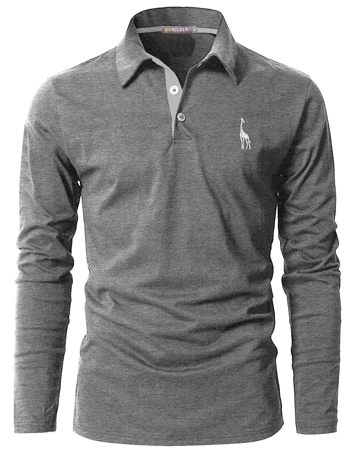 KUNJLELP 100% Cotone Polo da Uomo Manica Lunga Ricamo di Giraffa Maglietta Uniformi Polo da Lavoro per l'autunno e l'inverno