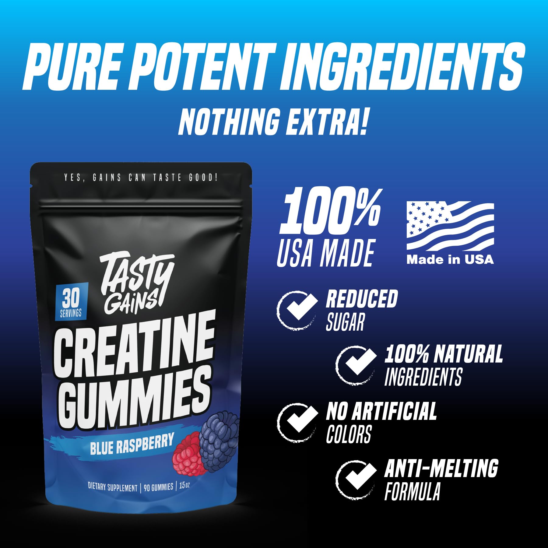 TASTY GAINS Creatine Gummies - 90g of Creatine Monohydrate - Workout Supplements - Build Muscle & Boost Strength for Men & Women - Made in USA - Non GMO - (Large, Blue Raspberry Flavor) — Amazon image 3