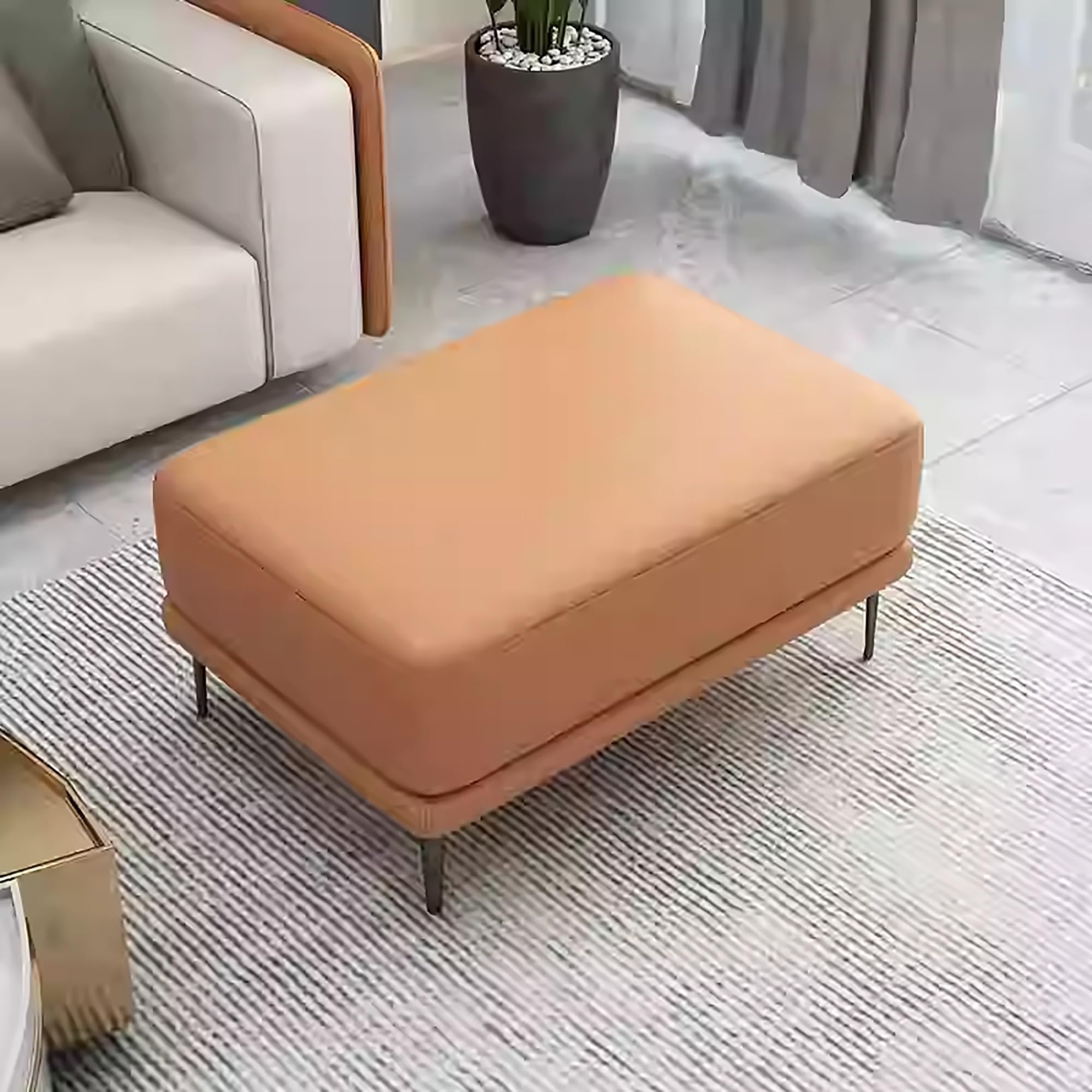 LMMIAOZ Leather Foot Rest Bench for Living Room Large Square Coffee Table Stool Shoe Change Stool Orange Upholstered Pouffe Footstool (80x60x42cm)