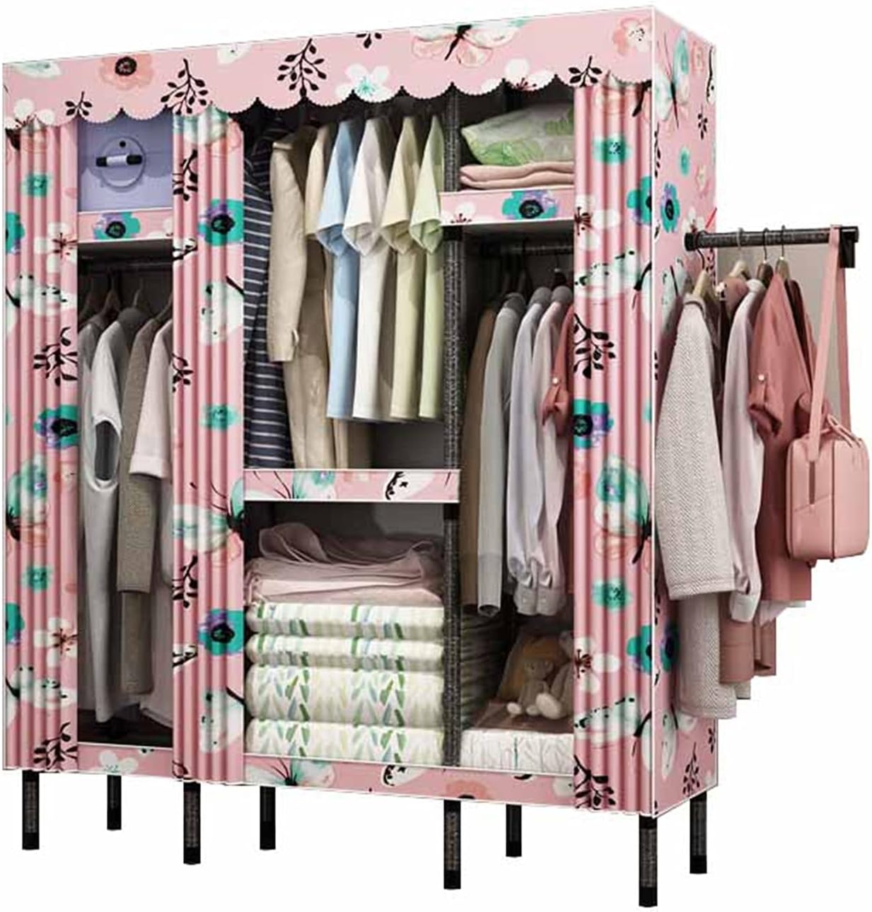 Creative Bedroom Wardrobe,Stable Metal Hanging Rails Fabric Wardrobe Modern Simple Clothes Storage Organizer External Clothes Rail(Size:175 * 103 * 45CM) (175 * 145 * 45CM)