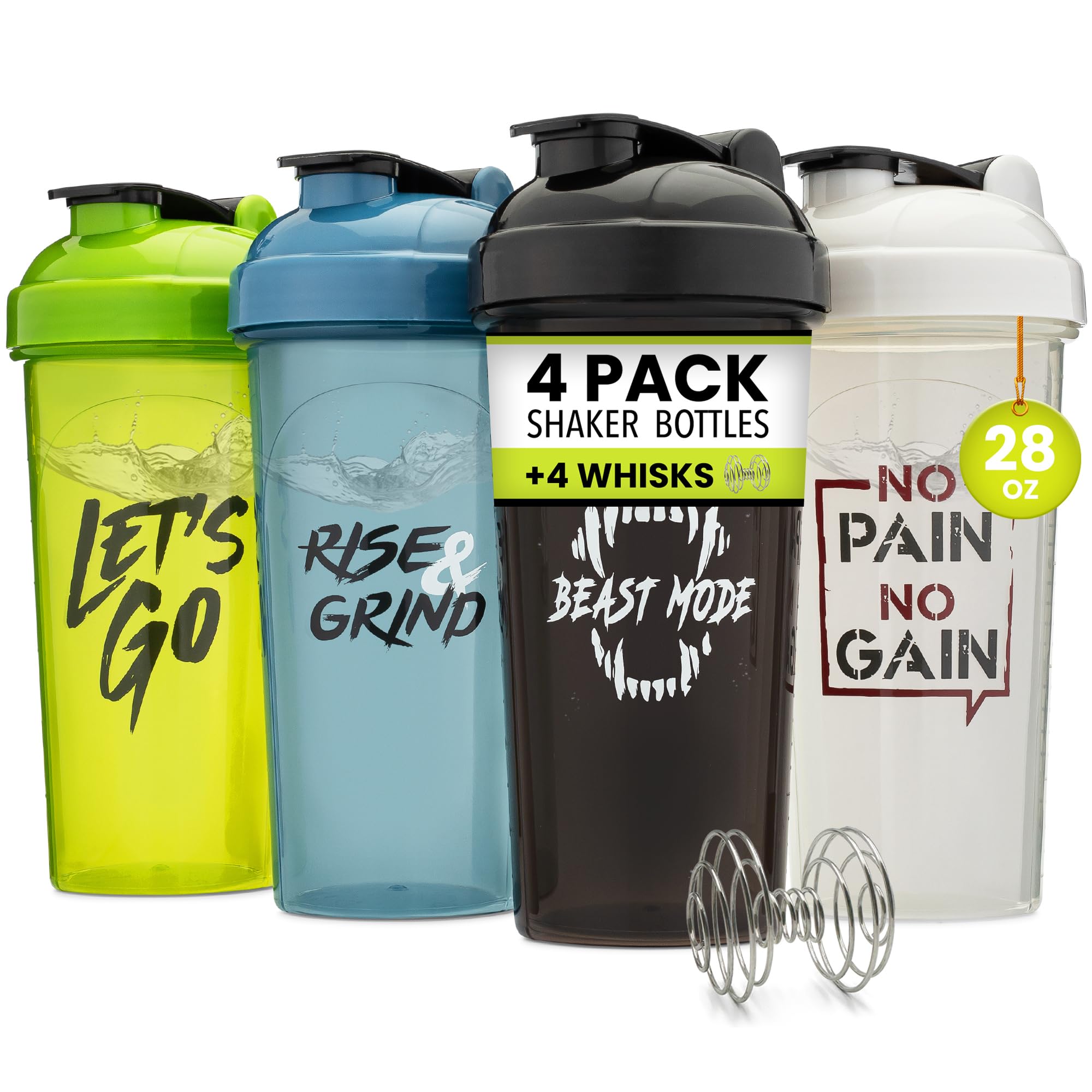 GOMOYO[4 Pack] 28oz Shaker Bottle with Motivational Quotes |Shaker Cup with 4x Wire Mixer | Shaker for Protein Mixes Pack is BPA Free, Leak Proof and Dishwasher Safe