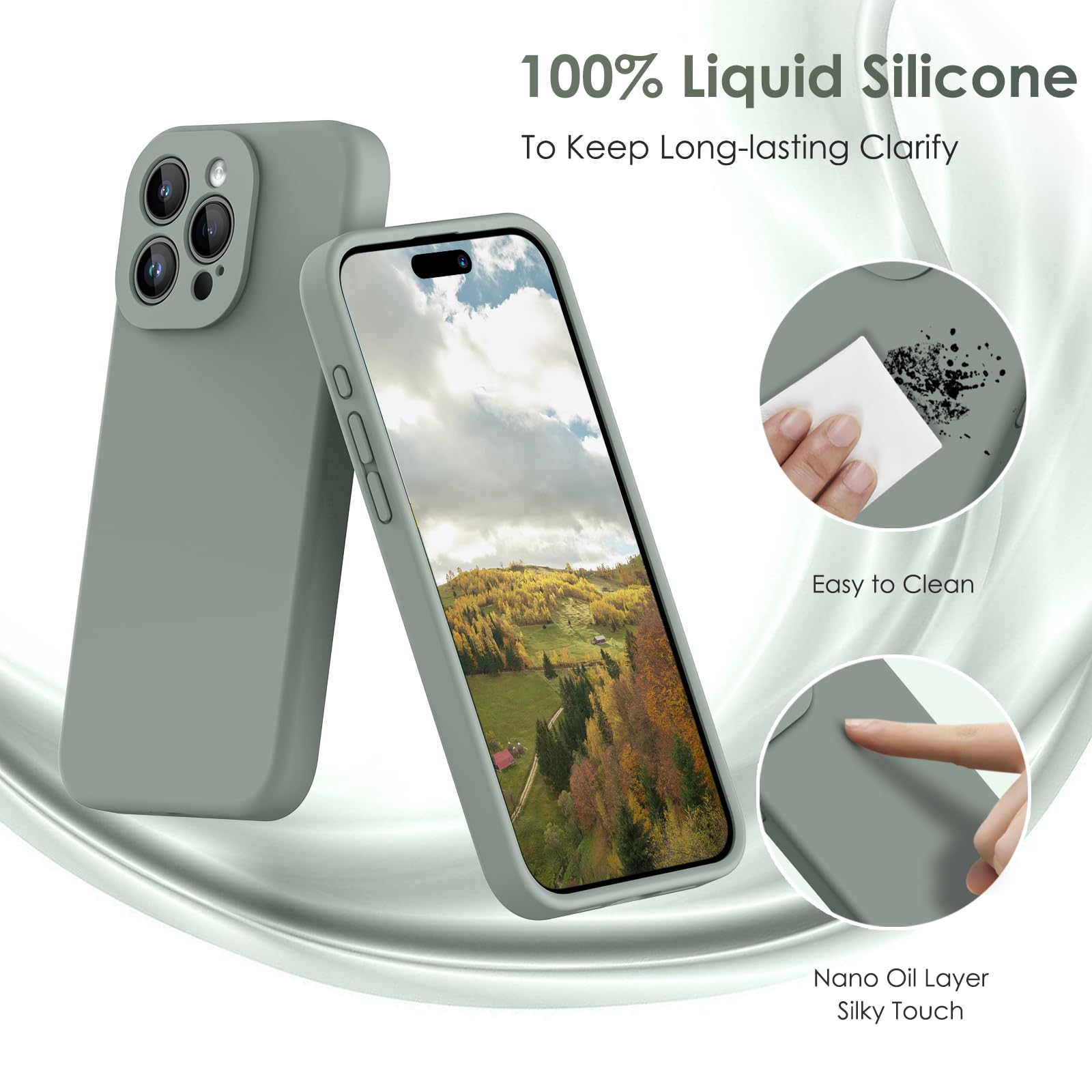 CALOOP Slim-Fit for iPhone 15 Pro Max Case,Skin Soft Liquid Silicone,Sturdy Hard Frame Shockproof Cover with Anti-Scratch Microfiber Lining,Full Protection for Screen and Lens,6.7 inch(Copper Green) - Image 4