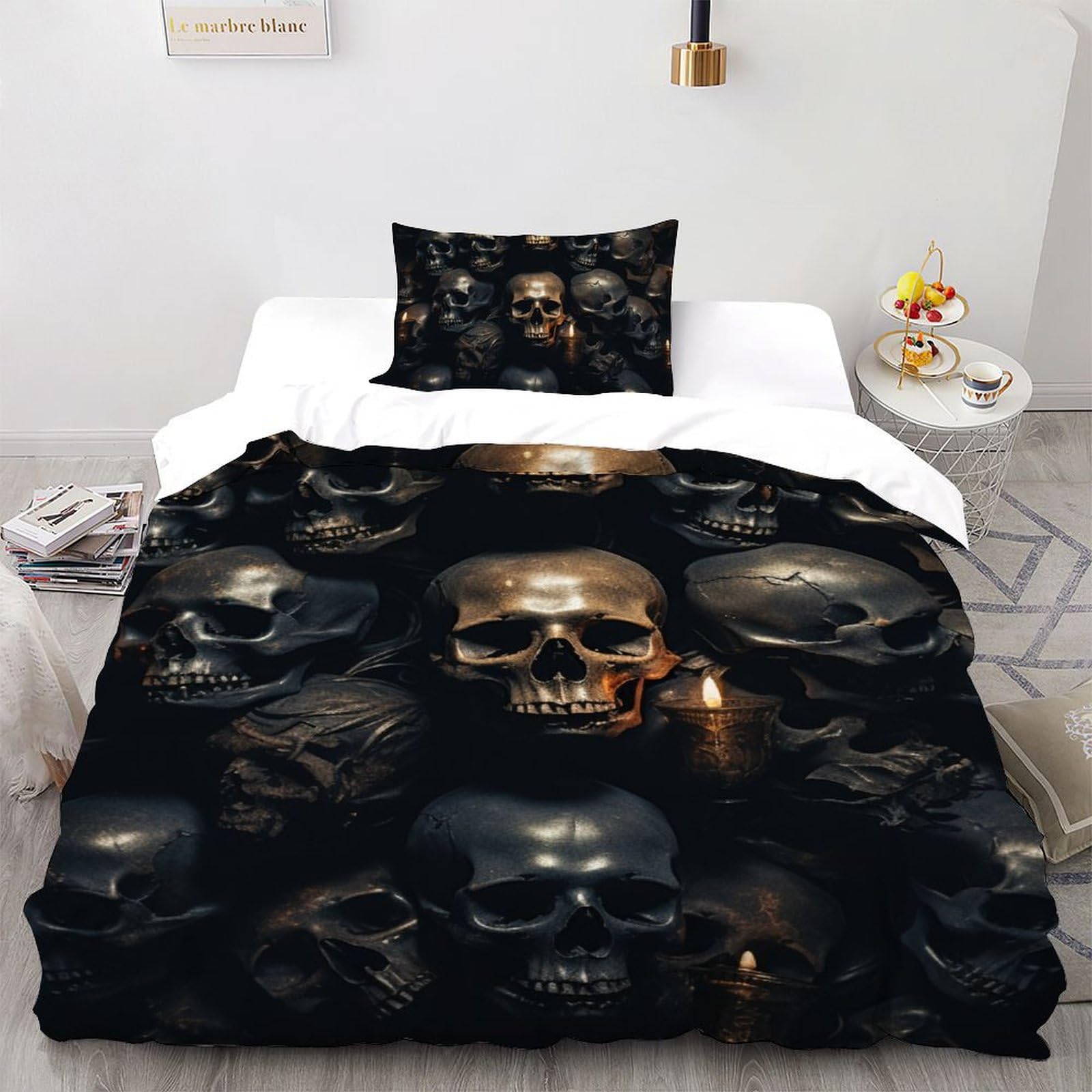 Housse de couette gothique finitions soignées imprimé squelette lit 1 place